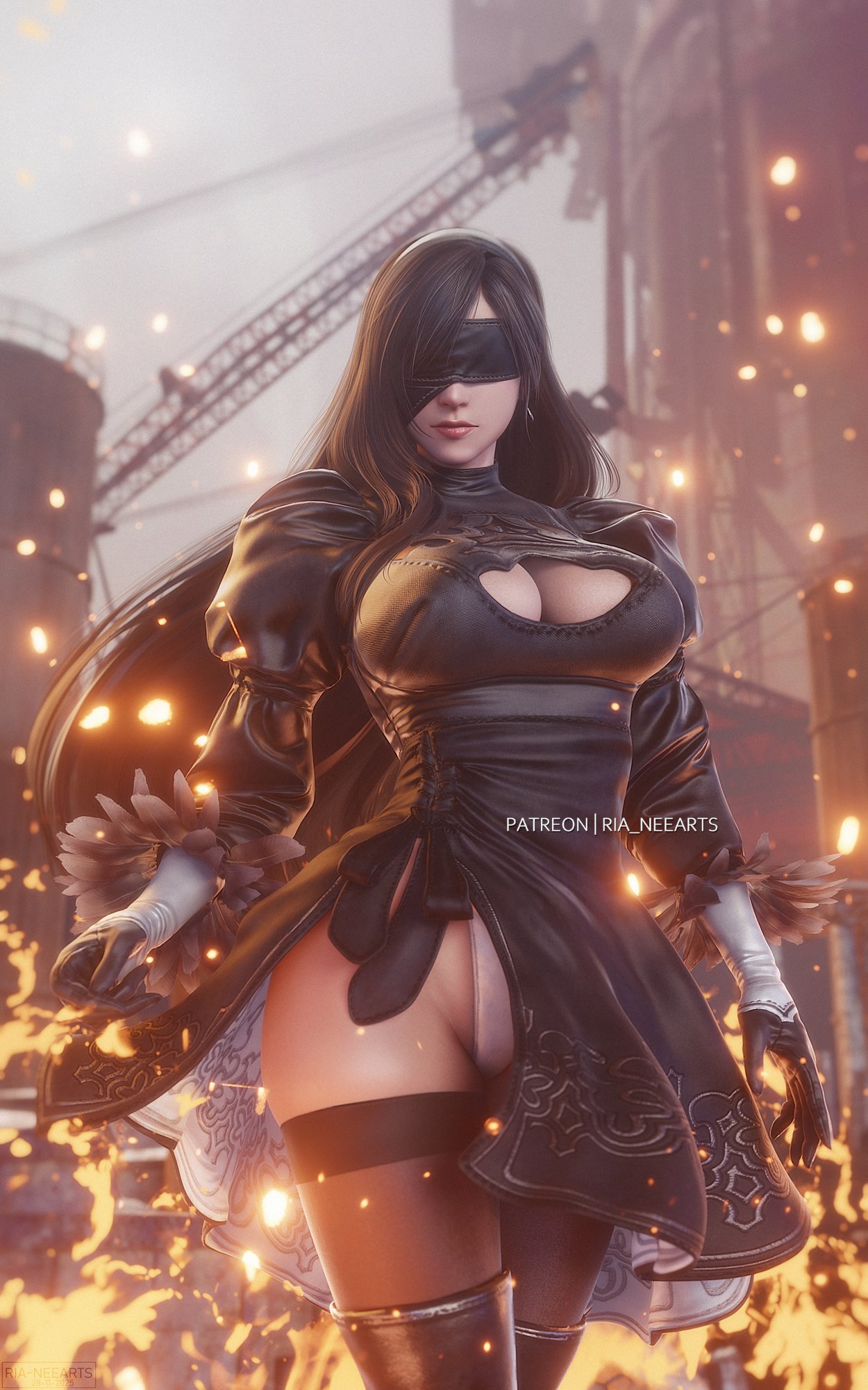 3d, black blindfold, black boots, black dress, black hair, blindfold, boots, breasts, cleavage, cleavage cutout, clothing cutout, commentary, company connection, cosplay, crossover cosplay, dress, earrings, embers, english commentary, feather-trimmed sleeves, feet out of frame, female, final fantasy, final fantasy vii, final fantasy vii: ever crisis, fire, highleg, highleg leotard, highres, jewelry, juliet sleeves, large breasts, leotard, leotard under clothes, long hair, long sleeves, looking at viewer, low-tied long hair, nier (series), nier: automata, official alternate costume, puffy sleeves, red lips, ria (baka-neearts), ria-neearts, single earring, solo, standing, thigh boots, thighhighs, thighhighs under boots, tifa lockhart, turtleneck, turtleneck dress, yorha 2b (cosplay)