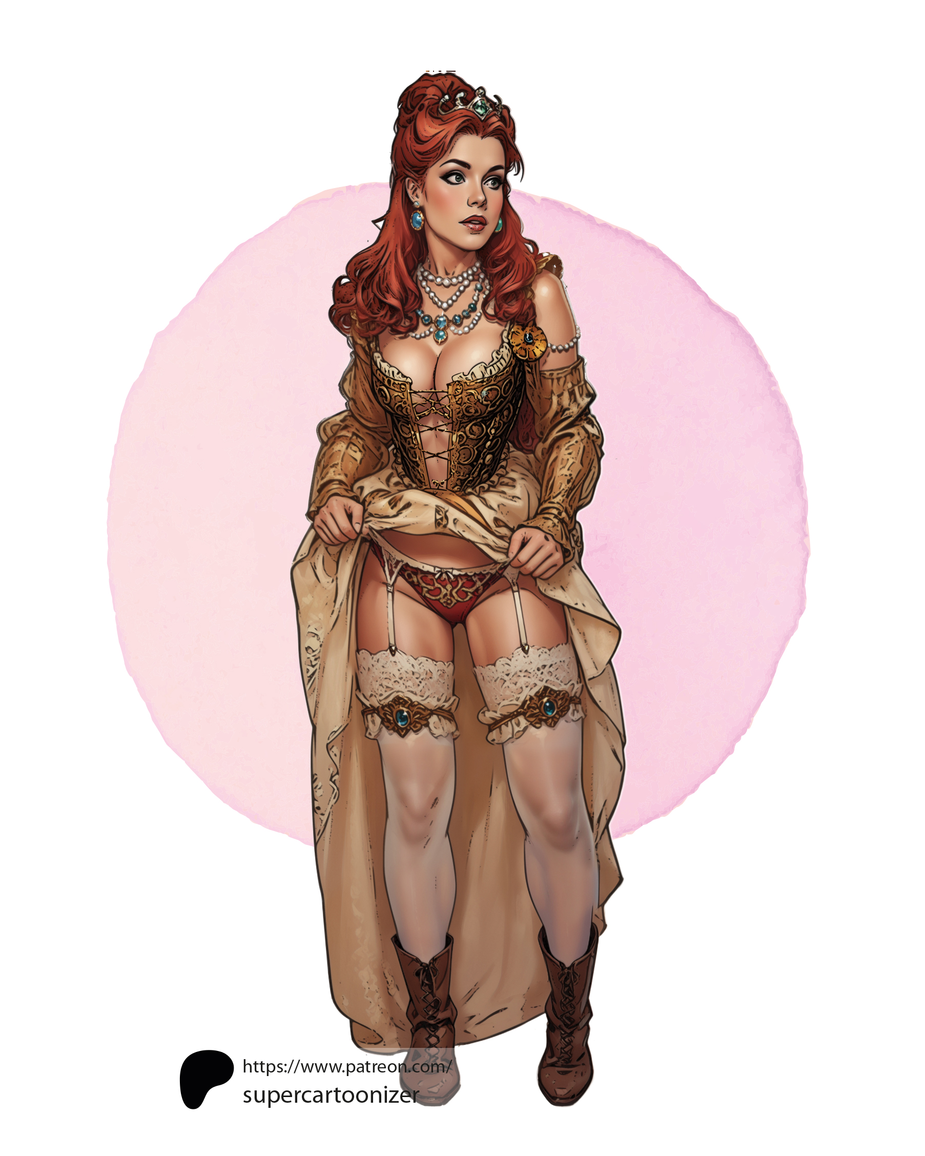 2d, anna henrietta, blonde hair, breasts, cd projekt red, corset, crown, dress, earrings, exhibitionism, female, garter belt, garter straps, light skin, light-skinned female, lingerie, mascara, necklace, panties, presenting panties, revealing, solo, solo female, stockings, supercartoonizer, the witcher (series), the witcher 3: wild hunt
