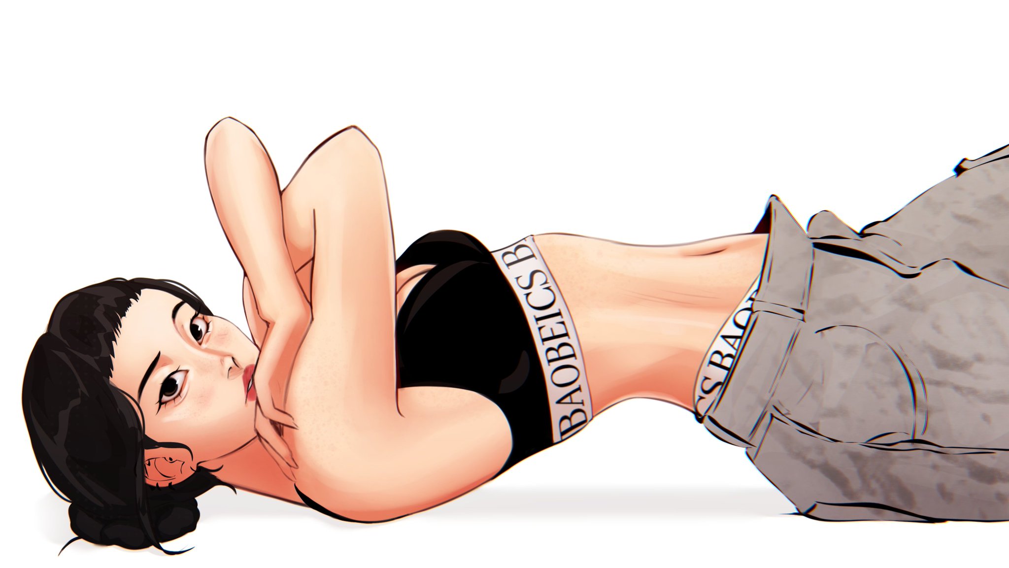 arms crossed, asian, asian female, baggy pants, baobeics, black hair, korean, korean female, kpop demon hunters, laying down, looking at viewer, short hair, side view, sports bra, thin female, thin waist, zoey (kpop demon hunters)