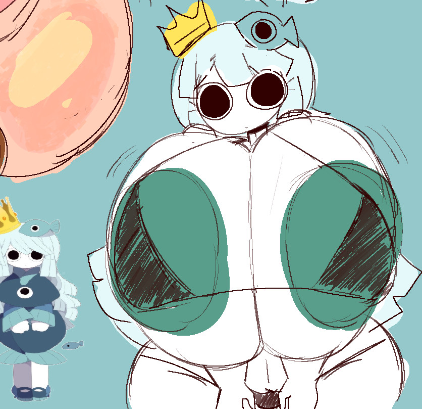 1girls, bikini, blue background, blue hair, blue nipples, breasts, closed mouth, colored nipples, colored skin, crown, expressionless, funamusea, gigantic breasts, looking at viewer, micro bikini, mob face, motion lines, navel, plump, princess uomi, reference inset, simple background, sketch, solo, spurhuns, swimsuit, thick thighs, thighs, wadanohara and the great blue sea, white skin