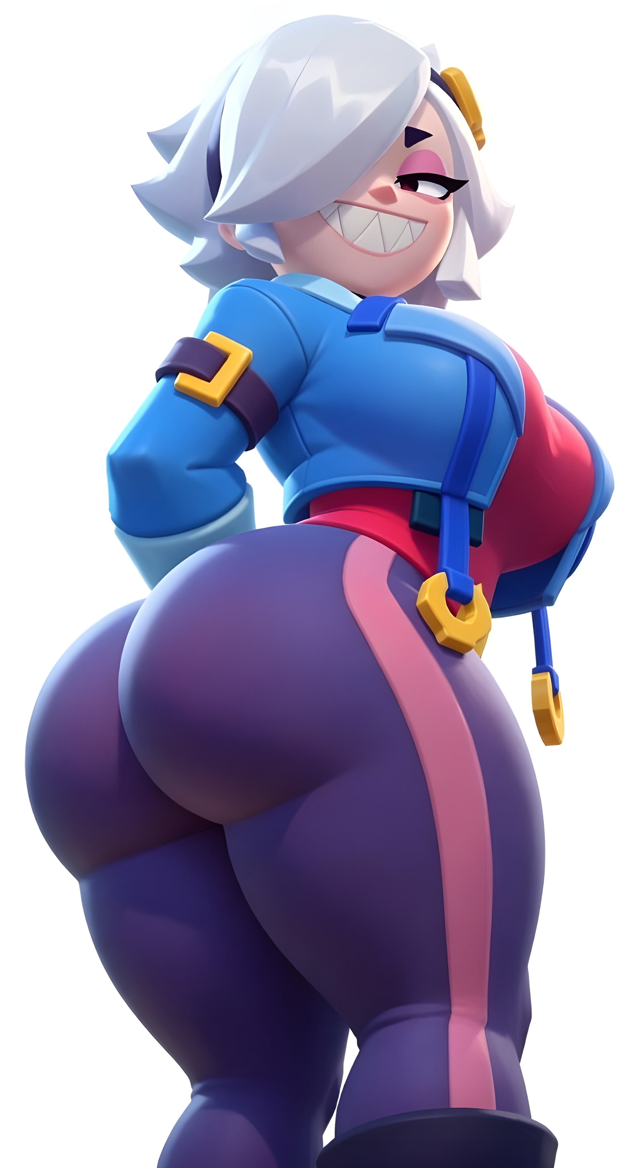 1girls, ai generated, bare ass, big ass, big breasts, big butt, brasil louco, brawl stars, bubble ass, bubble butt, clothed, clothed female, colette (brawl stars), crazy eyes, crazy smile, curvaceous, curvy, curvy body, curvy female, curvy figure, female, female focus, female human, female only, full body, full clothed, fully clothed, gigantic ass, huge breasts, large ass, looking at viewer, looking back, looking down, presenting, rear view, seducing, seducing viewer, seductive, seductive look, seductive pose, seductive smile, sexy, sexy body, sexy pose, simple background, solo, solo female, solo focus, supercell, tagme, thick, thick ass, thick body, thick butt, thick legs, thick thighs, white background, white hair
