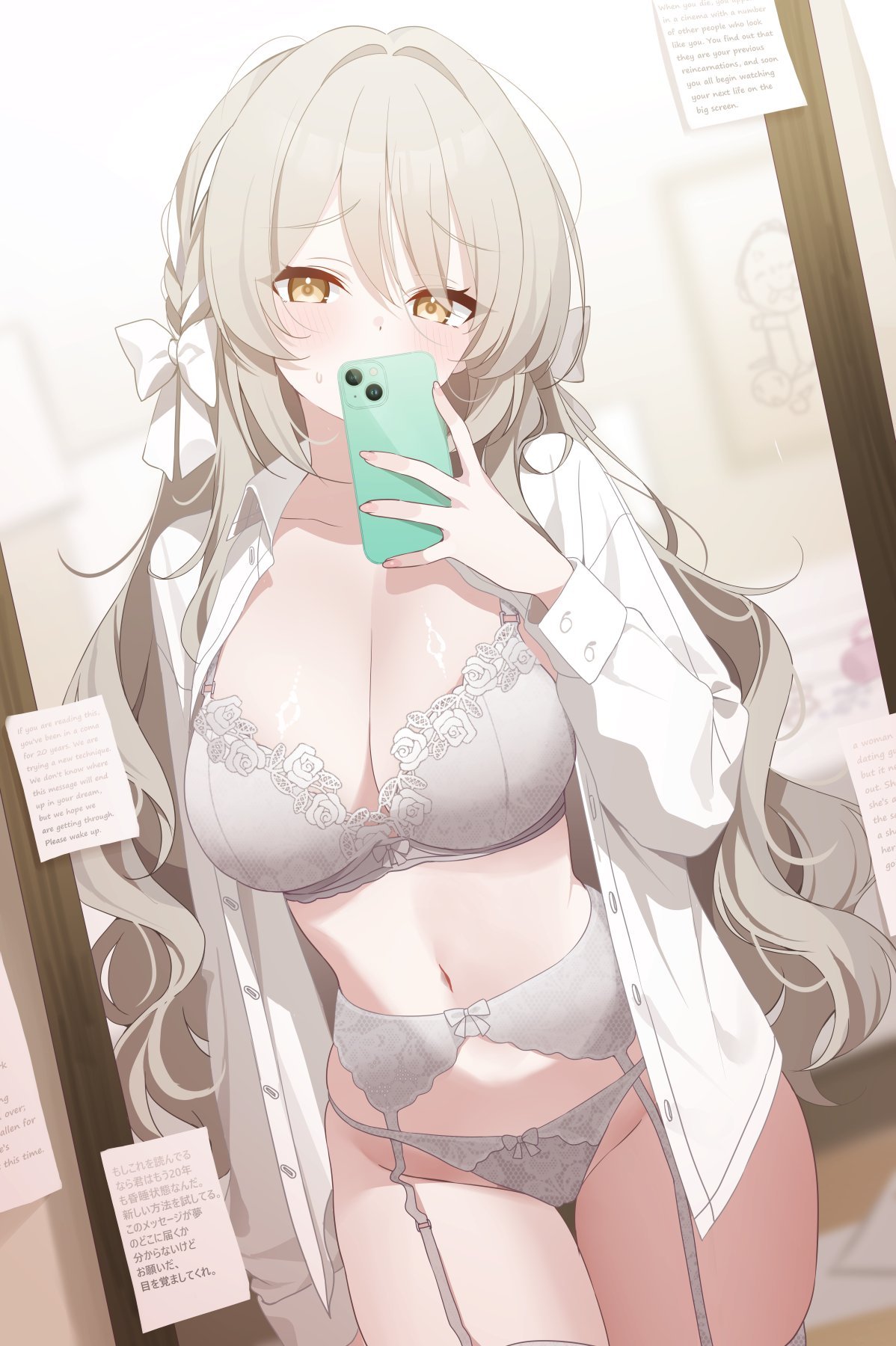blue archive, bow, bra, braid, breasts, cleavage, collared shirt, deyui, dress shirt, female, garter belt, grey hair, hairbow, hand up, highres, holding, holding phone, lace, lace trim, lace-trimmed bra, lace-trimmed panties, large breasts, long hair, mirror, mirror selfie, miyo (blue archive), navel, no pants, open clothes, open shirt, panties, phone, revision, selfie, shirt, side braid, solo, stomach, thigh gap, translation request, underwear, very long hair, white bow, white bra, white garter belt, white panties, white shirt, yellow eyes