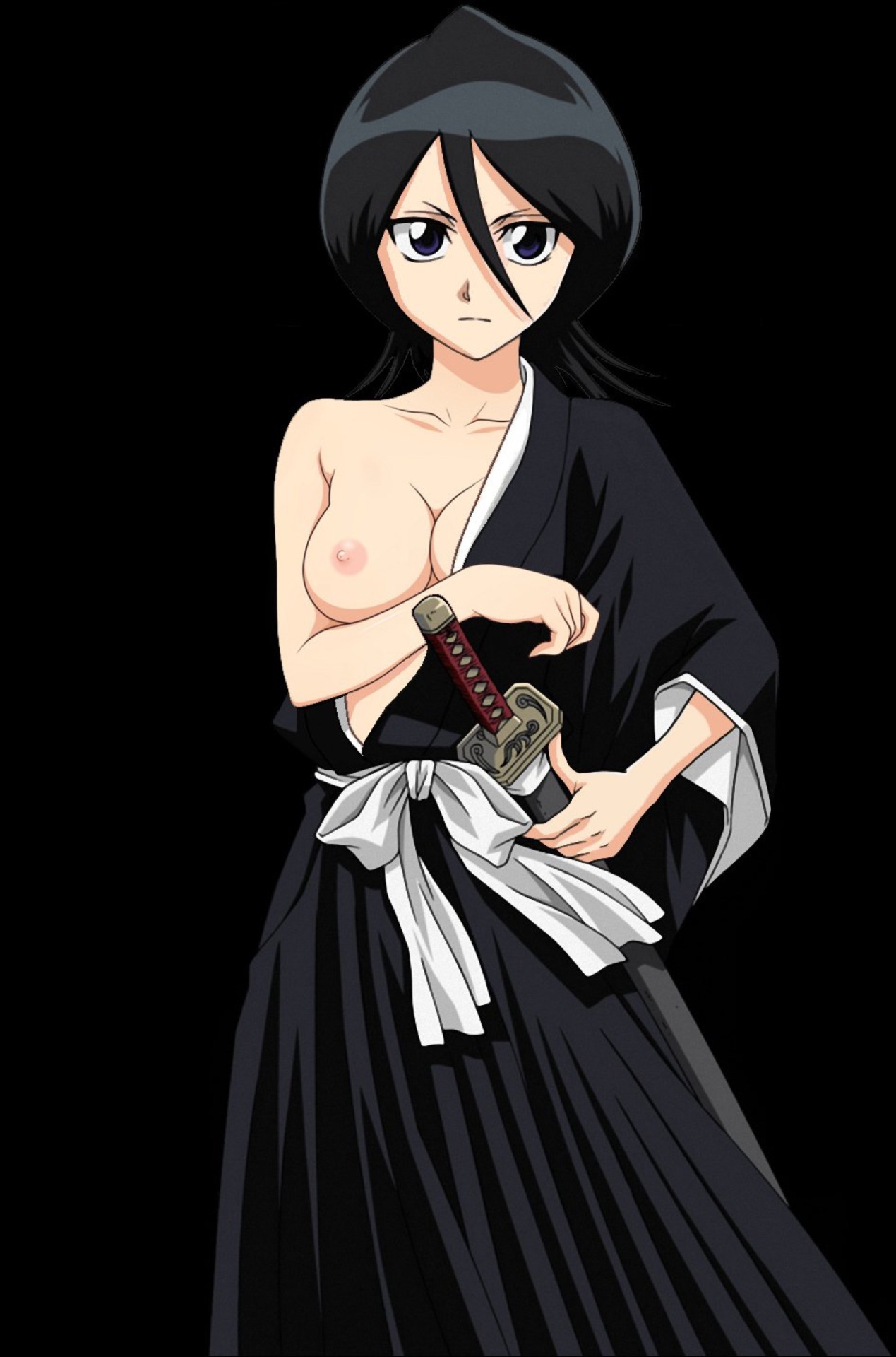 bleach, breasts, female, female only, human, kuchiki rukia, partially nude, presenting, solo, solo focus, sword, weapon