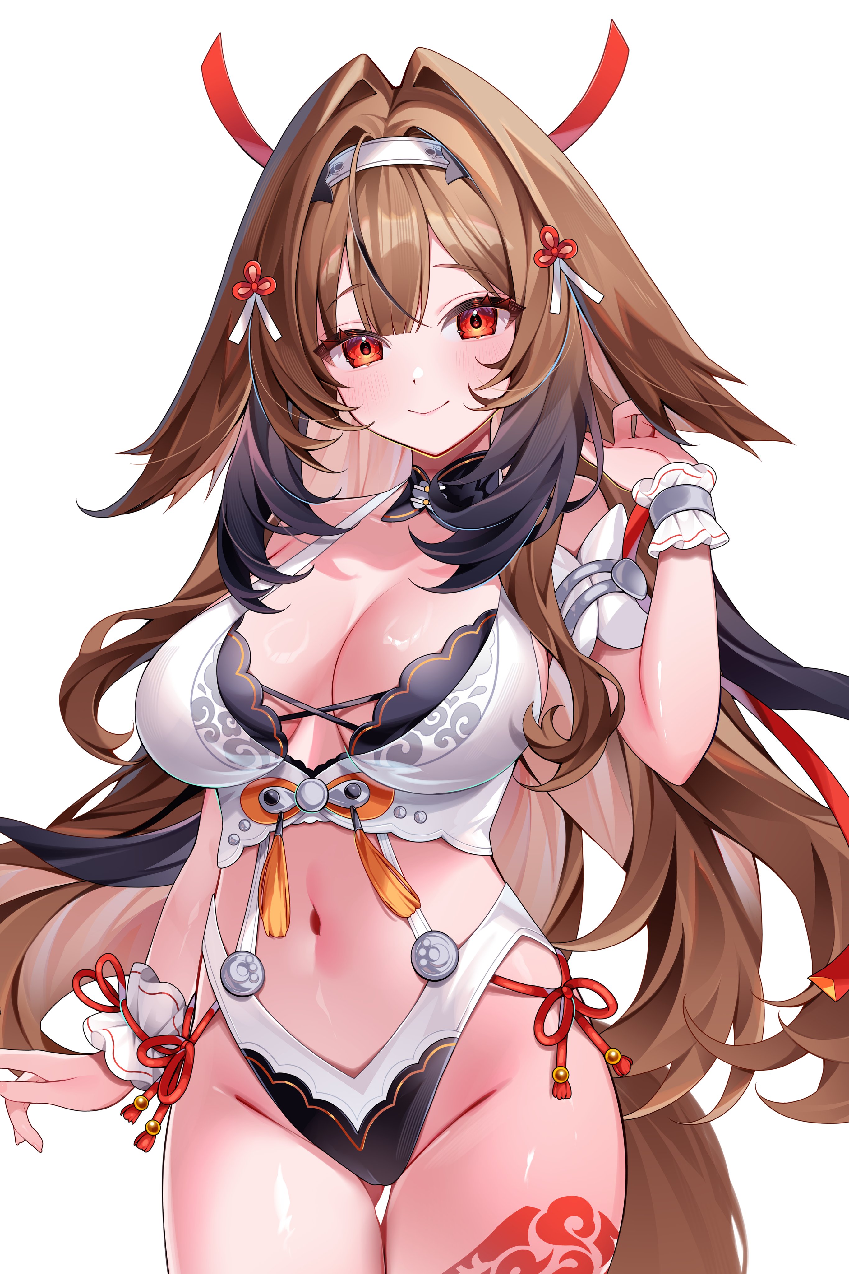1girls, big breasts, breasts, brown eyes, brown hair, duchi0356, exposed breasts, hoyoverse, long hair, swimsuit, very long hair, white swimsuit, ye shunguang, zenless zone zero