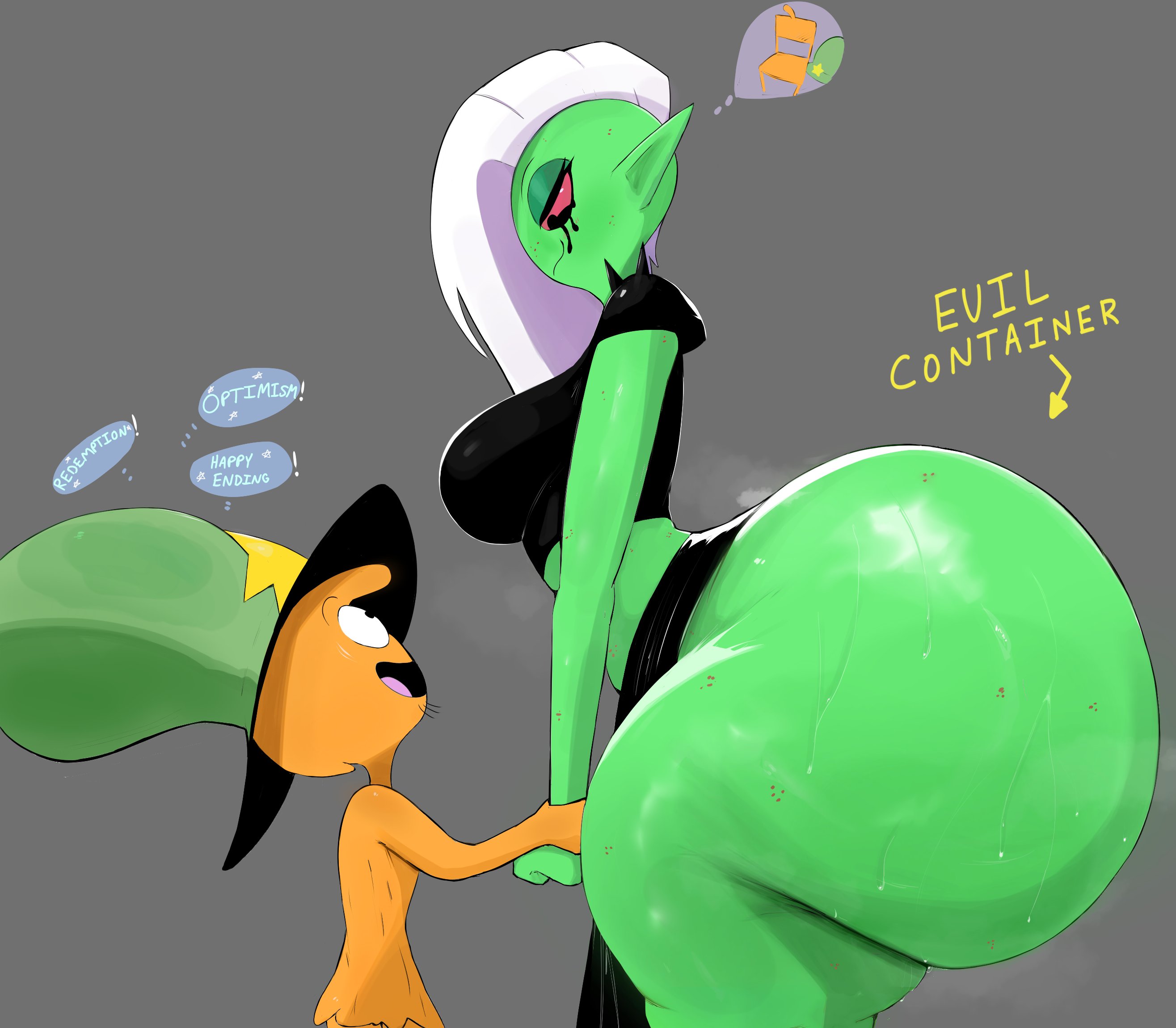 1boy, 1girls, ass, ass bigger than head, ass bigger than torso, big ass, big breasts, bottom heavy, breasts, bubble ass, bubble butt, dialogue, dumptruck ass, evil container, fat ass, female, female focus, gluteal fold, green skin, hat, height difference, huge ass, hyper, hyper ass, imago ic, large ass, looking at each other, lord dominator, male, massive ass, meme, orange body, red eyes, side view, smile, text, thick ass, thick thighs, thunder thighs, wander (wander over yonder), wander over yonder, white hair, wide hips
