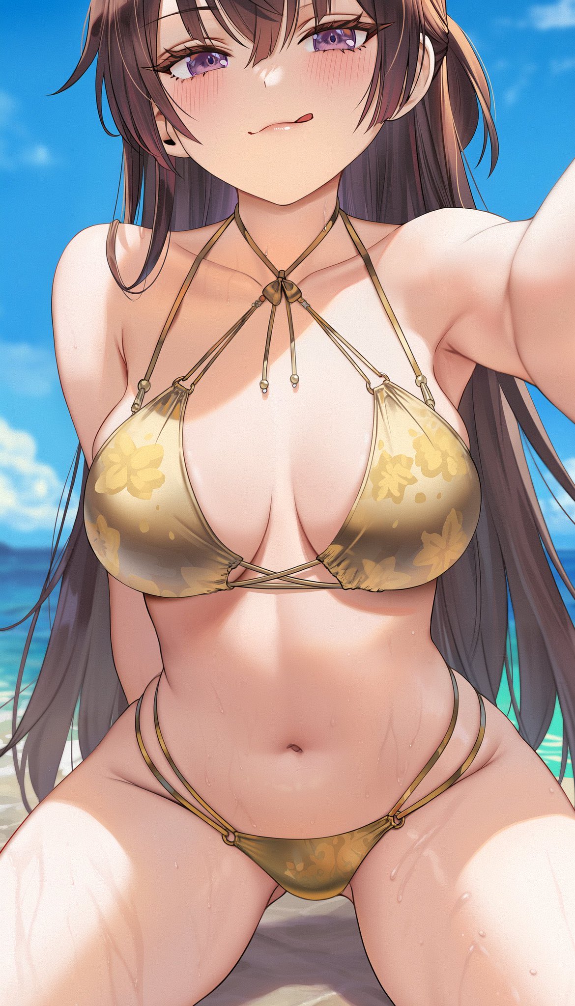 1girls, ai generated, ai-assisted, belly, brown hair, golden bikini, large breasts, long hair, looking at viewer, suou yuki, tokidoki bosotto russian de dereru tonari no alya-san, voidbunny