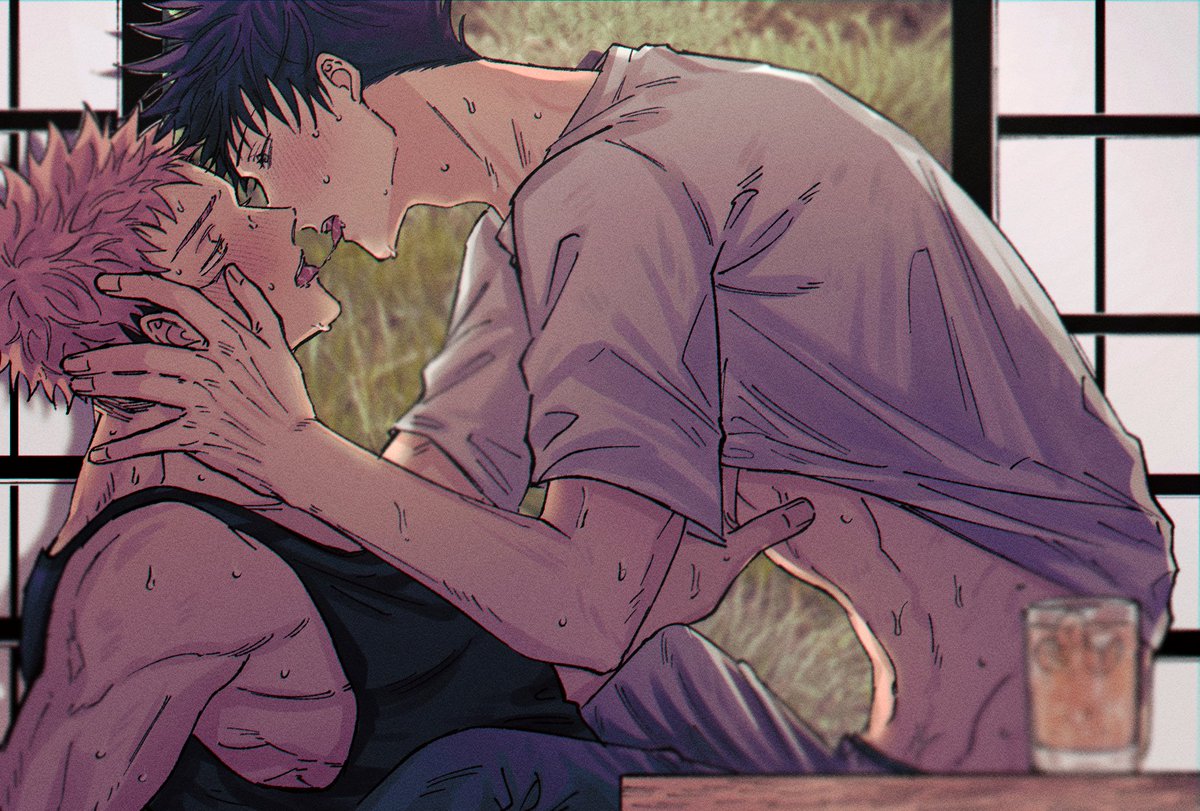 2boys, artist request, colored, fushiguro megumi, gay, itadori yuuji, jujutsu kaisen, male only, masculine, no visible genitalia