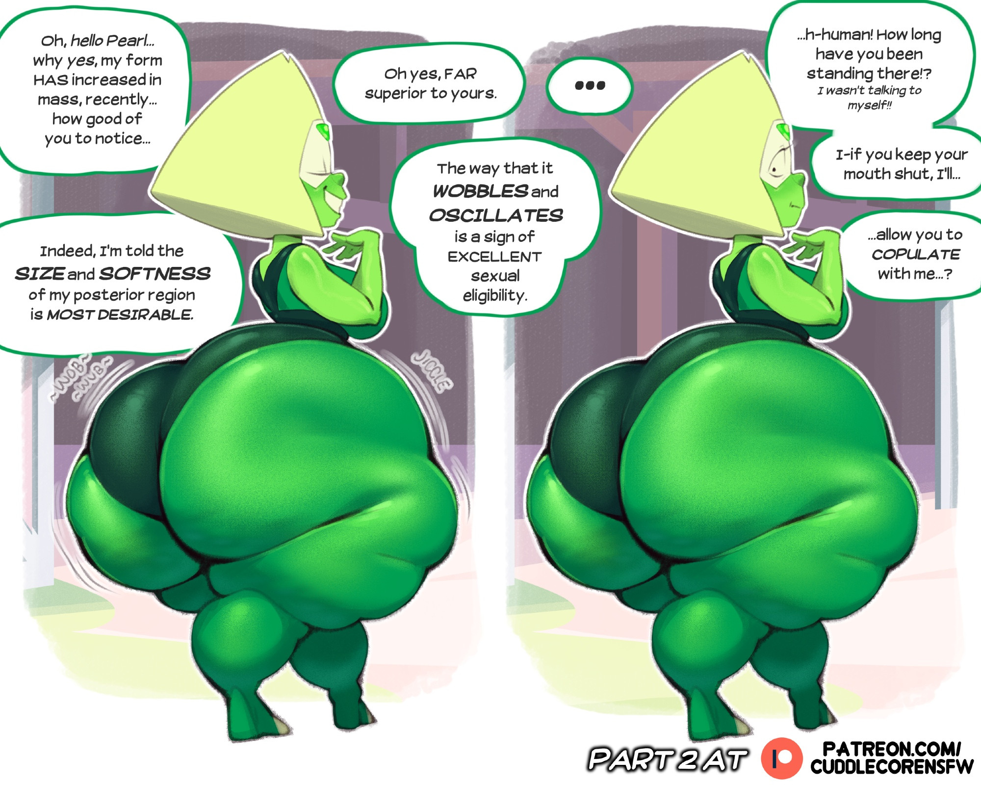 1girls, 2d (artwork), ass, ass bigger than head, ass bigger than torso, big ass, bottom heavy, breasts, bubble butt, clothing, cuddlecore, dialogue, english text, fat ass, female, female only, gem (species), gluteal fold, green skin, highres, huge ass, hyper, hyper ass, jiggle, jiggling ass, large ass, looking at viewer, looking back, massive ass, peridot (steven universe), shortstack, solo, steven universe, talking to viewer, text, thick ass, thick thighs, thunder thighs, visor, wide hips, wobbling ass