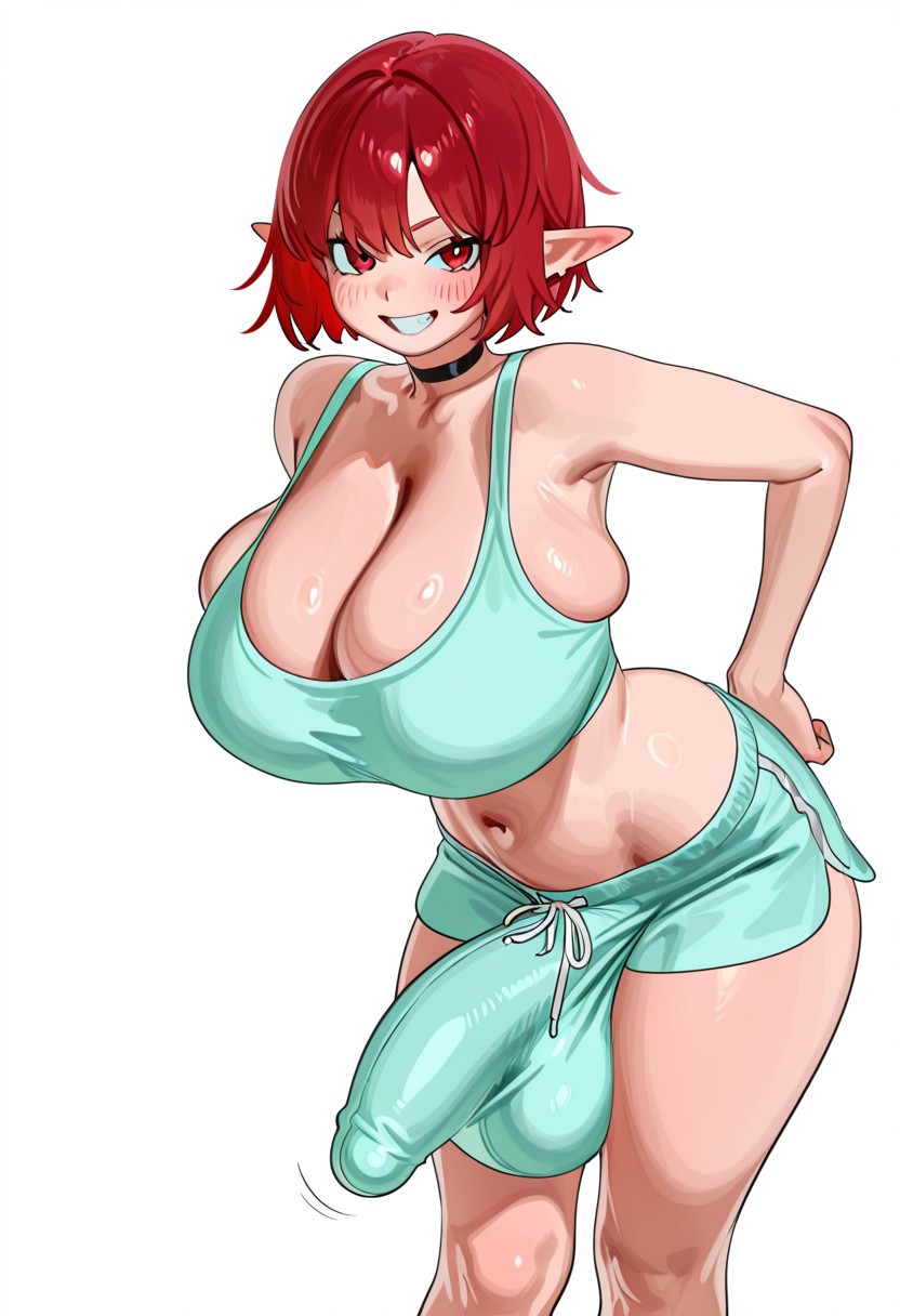 ai generated, bulge through clothing, choker, dolphin shorts, elf, elf ears, erection under clothes, futacreamlover, futanari, grin, huge breasts, huge cock, looking at viewer, red eyes, red hair, tank top