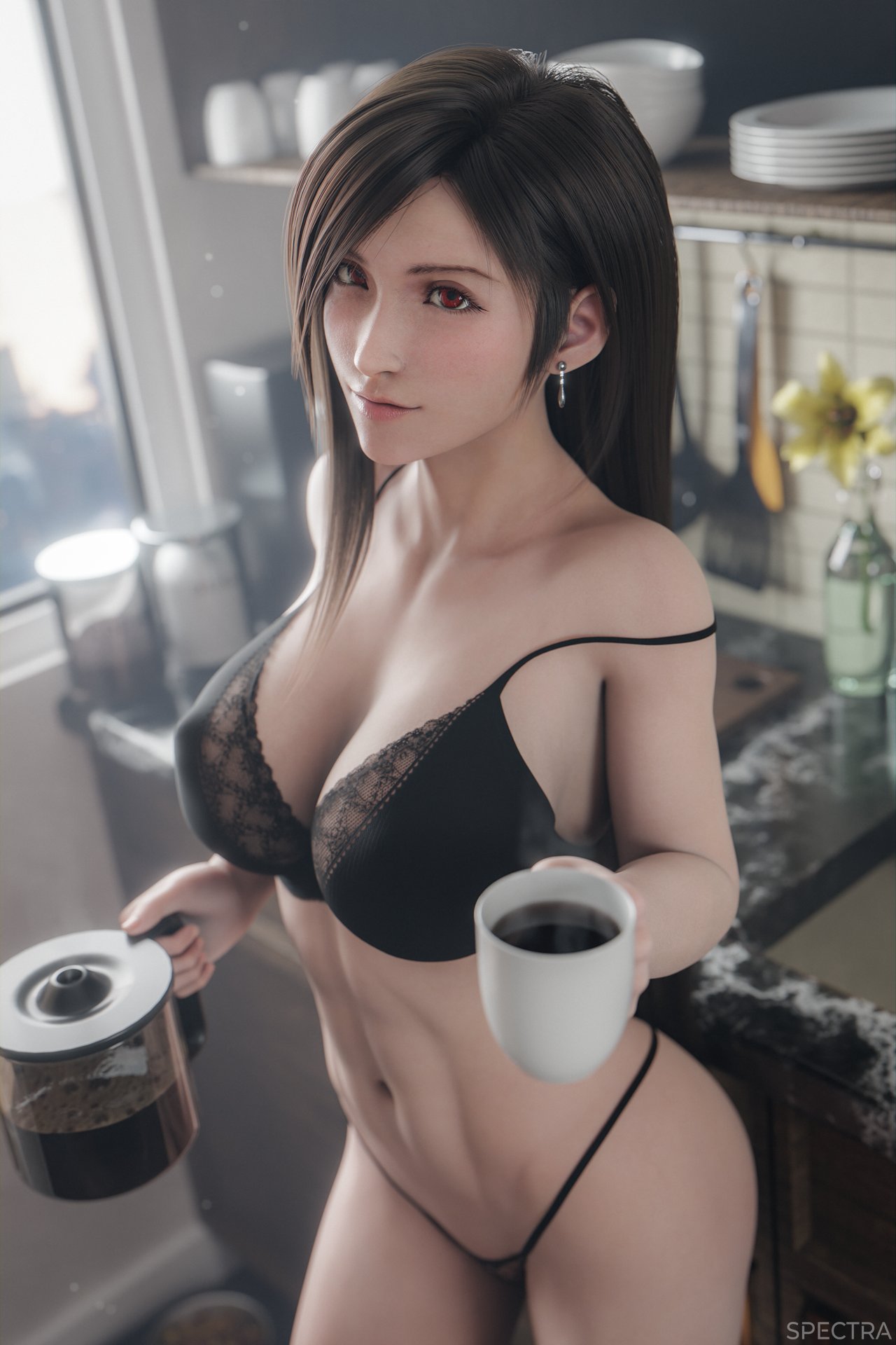 3d, 3d (artwork), 3d model, big breasts, bra, breasts, brown hair, coffee, coffee mug, earings, female, female focus, female only, final fantasy, final fantasy vii, kitchen, large breasts, lingerie, looking at viewer, loose bra, nipples, red eyes, spectra3d, thighs, thong, tifa lockhart, underwear
