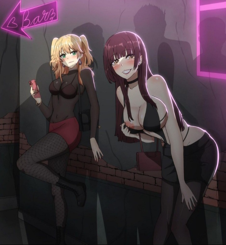 2girls, adoptive siblings, adoptive sisters, aihara mei, aihara yuzu, beautiful women, black body, blonde female, blonde hair, bodysuit, breasts peeking out of shirt, choker, citrus (saburouta), earrings, female, female only, fishnets, lesbian with male, lingerie, lipstick, long hair, lowres, mature female, miniskirt, nipple tease, pantyhose, prostitute, prostitution, short hair, short skirt, skirt, smirk, smirking, smirking at viewer, teasing, text, tight skirt, unknown artist, wholesome