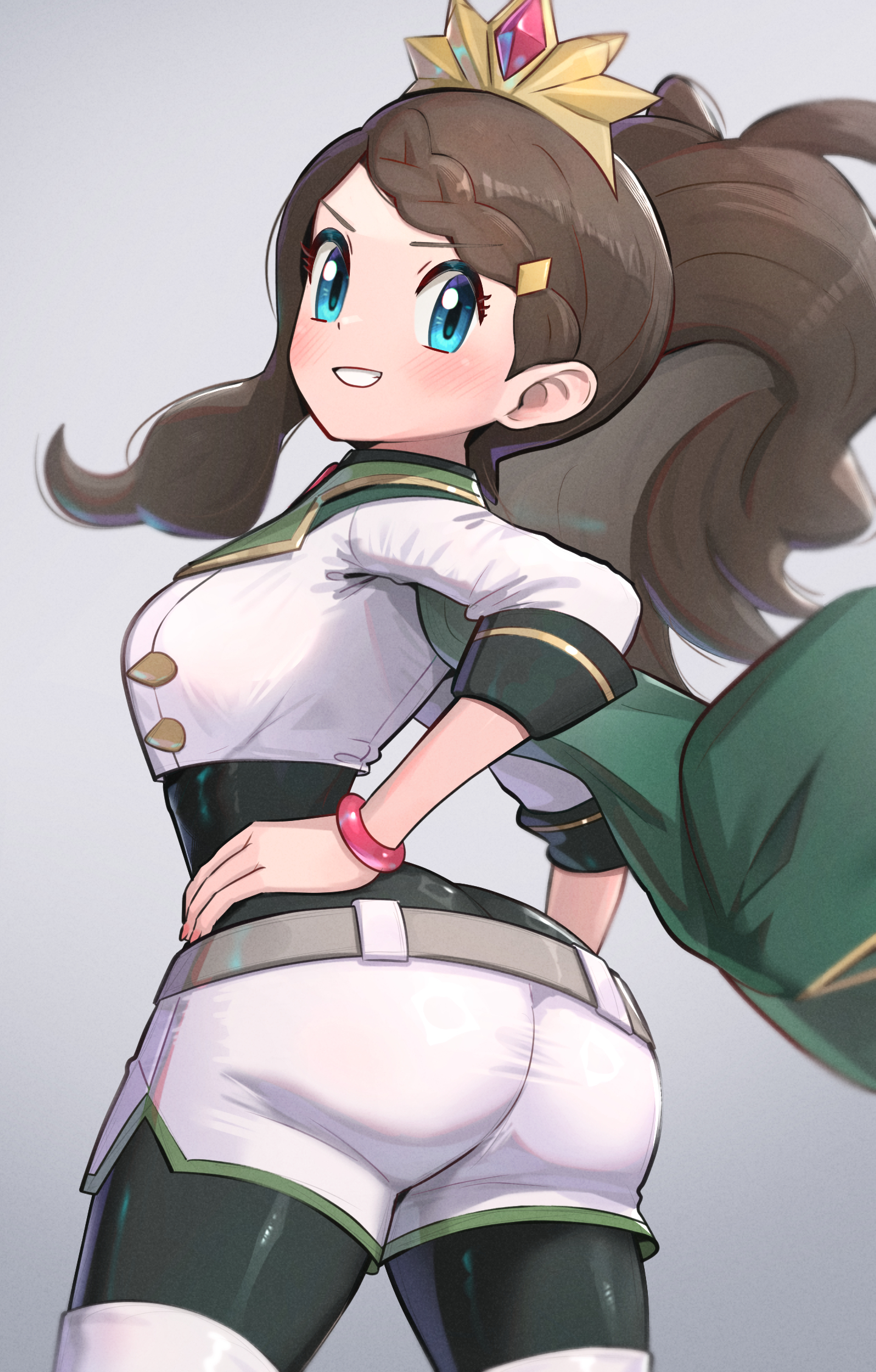 alternate costume, ass, blue eyes, bodystocking, from behind, gonzarez, grin, hands on own hips, high ponytail, highres, hilda (champion) (pokemon masters), hilda (pokemon), long hair, looking back, nintendo, official alternate costume, pokemon, pokemon masters, pokemon masters ex, ponytail, shorts, smile, tiara, very long hair, white shorts
