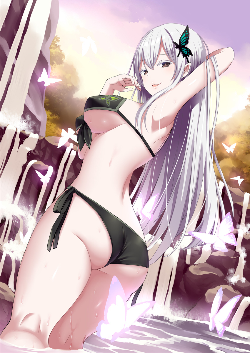 1girls, alternate costume, arm up, armpits, ass, bikini, black bikini, breasts, brown eyes, bug, butterfly, butterfly hair ornament, colored eyelashes, commission, cowboy shot, curvy, day, dutch angle, echidna (re:zero), eyelashes, female, female only, from side, givuchoko, grey hair, hair between eyes, hair ornament, hand up, highres, insects, large breasts, long hair, looking at viewer, open mouth, outdoors, paid reward available, pink butterfly, re:zero kara hajimeru isekai seikatsu, seductive smile, side-tie bikini bottom, sidelocks, slit pupils, smile, solo, solo female, straight hair, swimsuit, tsurime, very long hair, wading, water, wedgie, wet, white eyelashes