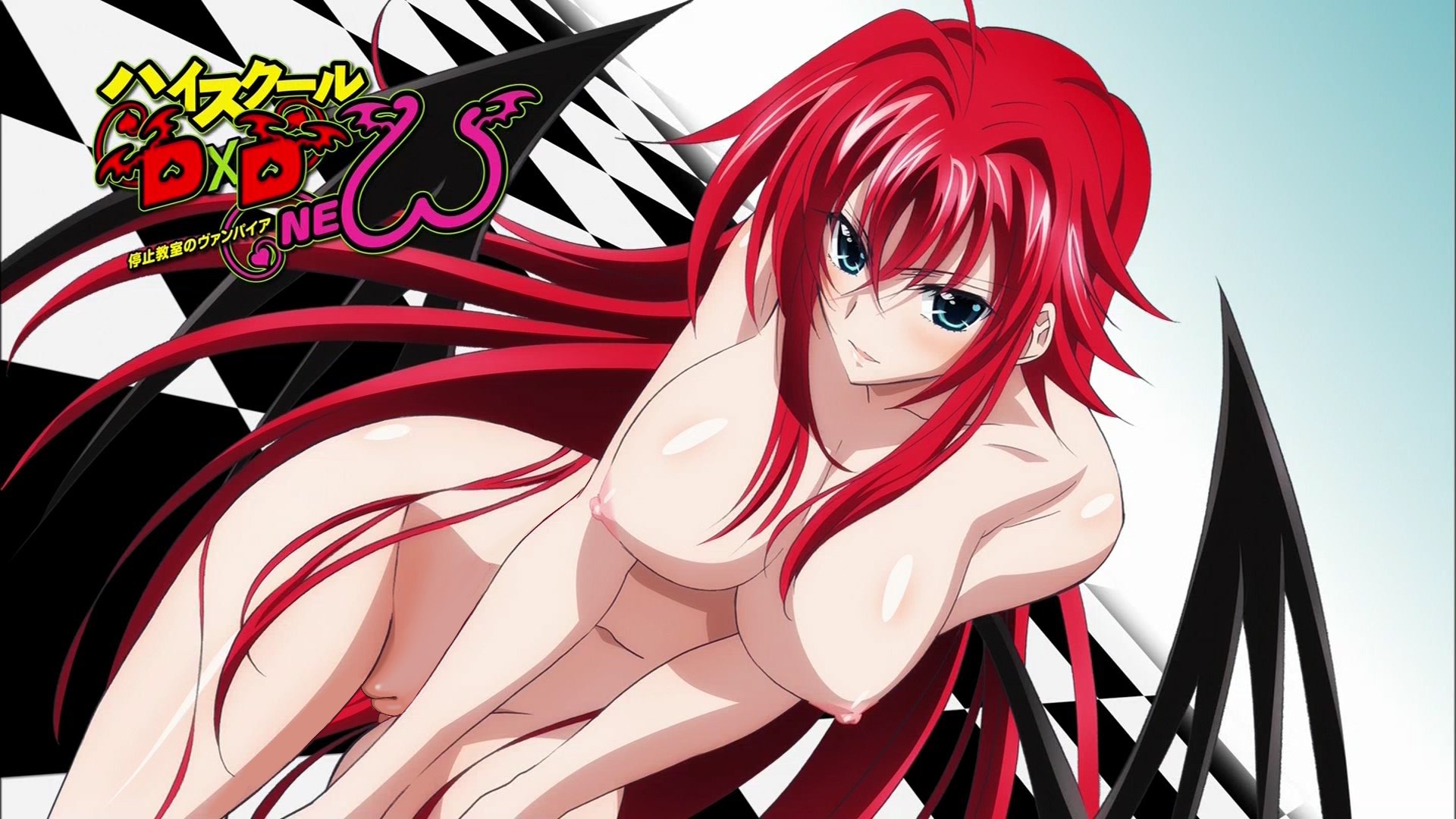 16:9 aspect ratio, 1girls, areolae, breasts, devil girl, eyecatch, female, female only, fhd, hd, hd (traditional), high resolution, high school dxd, large breasts, long hair, nipples, nude, nude filter, official art, pussy, red hair, rias gremory, screen capture, seductive, seductive look, seductive smile, shaved pussy, solo, solo female, tnk (company), vagina, wings