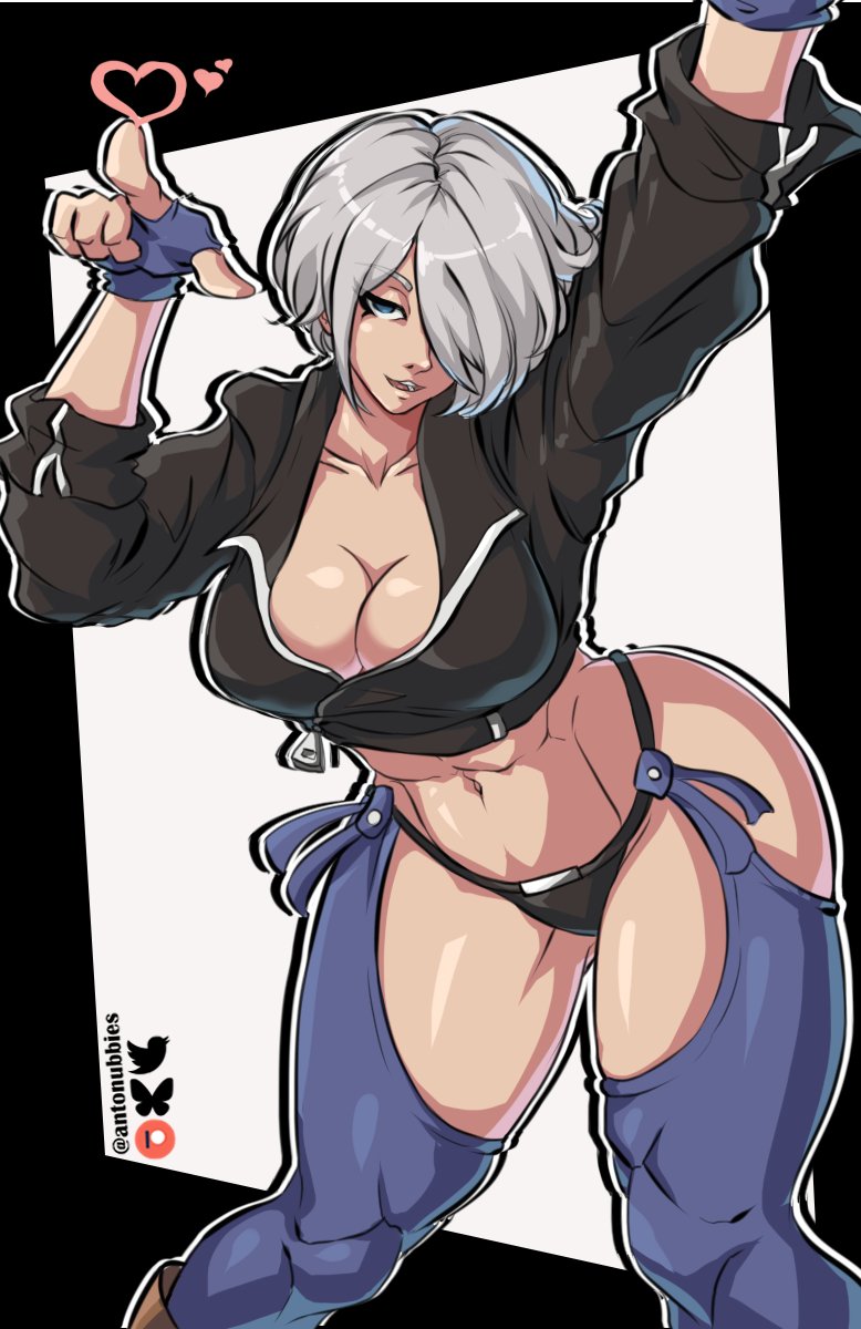 abs, angel (kof), antonubbies, backless pants, big breasts, blue eyes, blue jeans, breasts, chaps, cleavage, commentary, crop top, cropped jacket, denim, english commentary, female, fingerless gloves, gloves, hair over one eye, highres, jacket, king of fighters, large breasts, leather, leather jacket, looking at viewer, midriff, navel, panties, pants, short hair, snk, solo, stomach, the king of fighters, the king of fighters xiv, thighs, toned, toned female, underwear, white hair