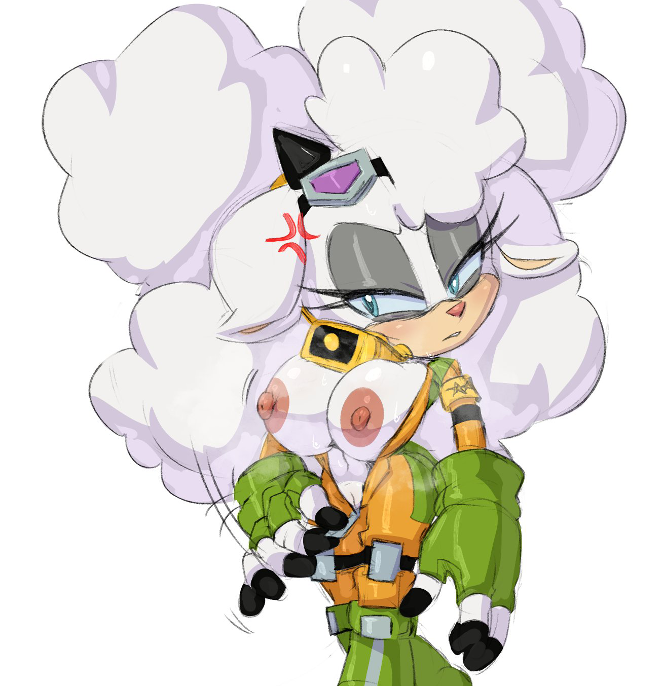 bell, blue eyes, bodysuit, breasts, furry, goggles, goggles on head, guillion (toshkarts), half-closed eyes, lanolin the sheep, large breasts, mammal, nipples, racing suit, sonic (series), sonic the hedgehog (comics), sonic the hedgehog (idw), sonic the hedgehog (series), sweat, tight clothing, undressing, white background, white fur