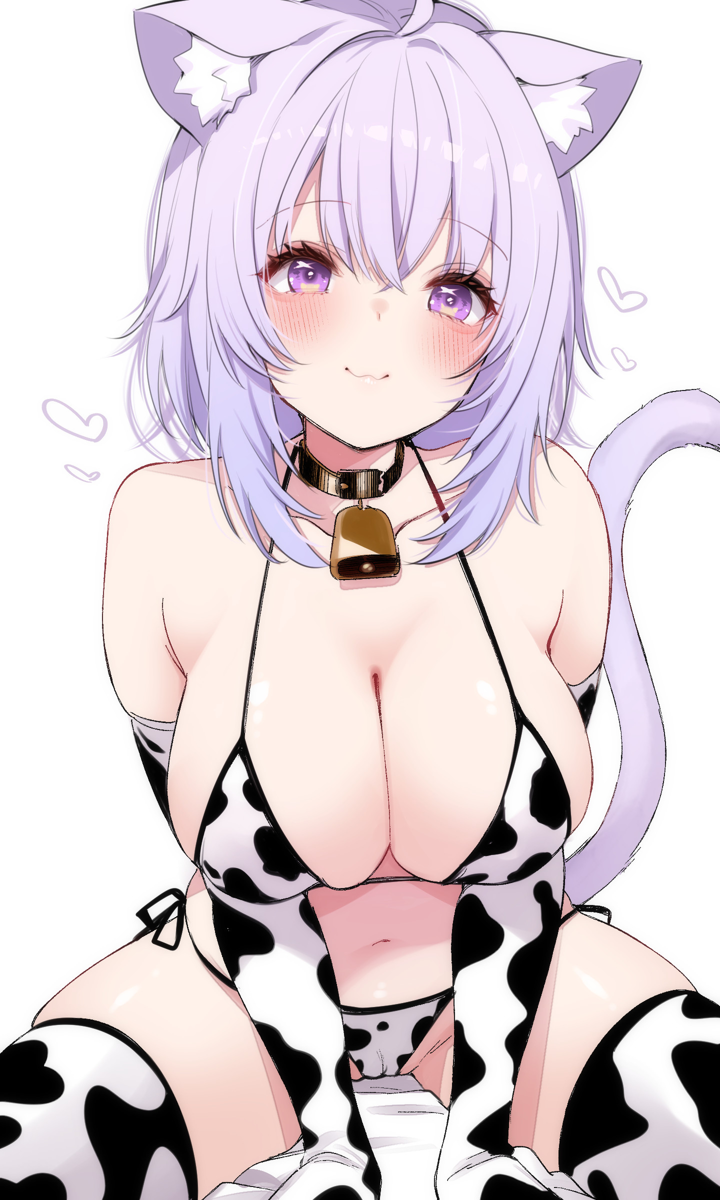 :3, 1girls, absurdres, ahoge, animal collar, animal ears, animal print, bell, between legs, bikini, black collar, breasts, cat ears, cat girl, cat tail, cleavage, closed mouth, collar, cow print, cow print bikini, cow print gloves, cow print thighhighs, cowbell, crossed bangs, double-parted bangs, elbow gloves, female, female only, fujisaki hikari, gloves, hair between eyes, halterneck, hand between legs, heart, highres, hololive, large breasts, looking at viewer, neck bell, nekomata okayu, print bikini, print gloves, print thighhighs, purple eyes, purple hair, short hair, side-tie bikini bottom, simple background, sitting, solo, solo female, string bikini, swimsuit, tail, thighhighs, virtual youtuber, white background, white bikini, white gloves, white thighhighs