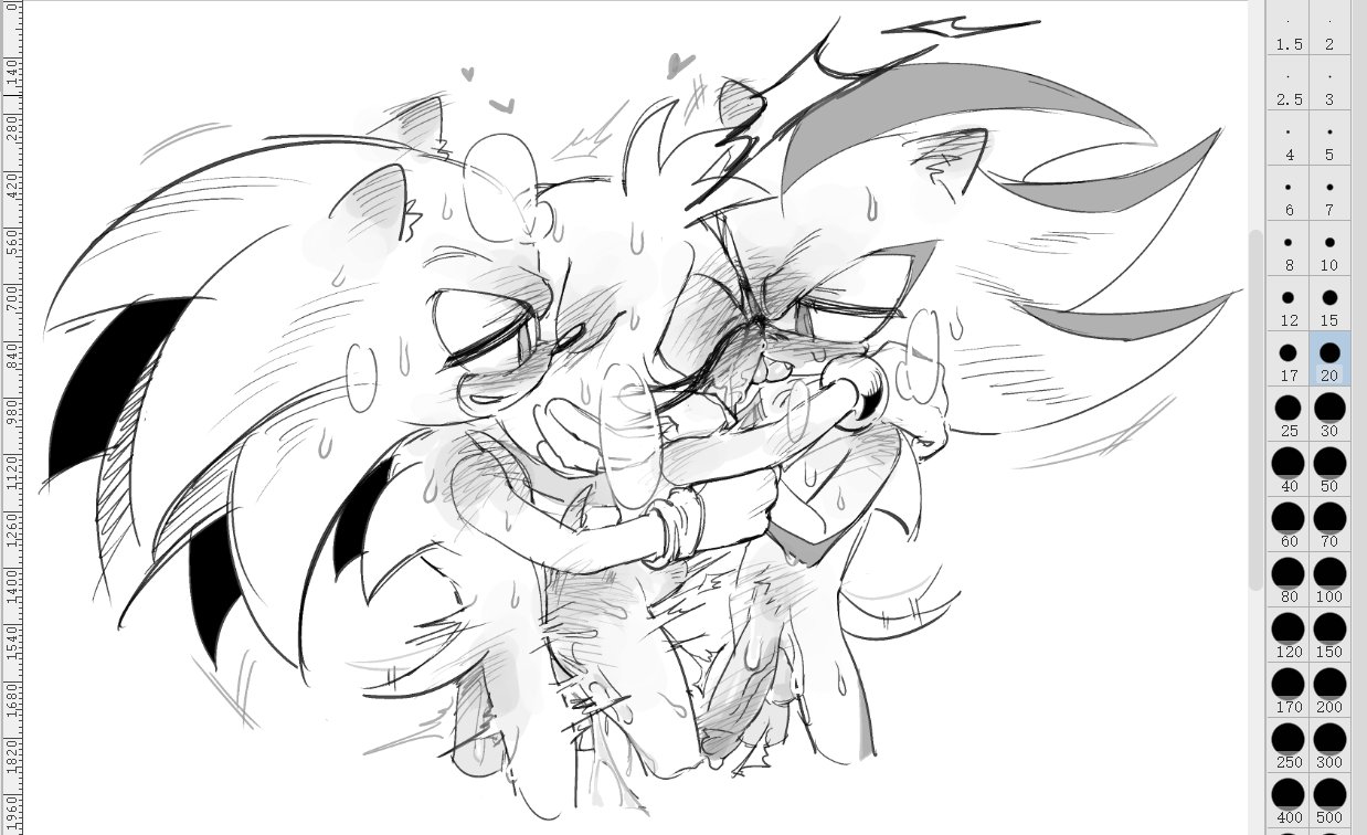 000011nsfw, 1girls, 2boys, ambiguous penetration, amy rose, art program in frame, closed eyes, dripping penis, ear blush, eulipotyphlan, femsub, french kiss, greyscale, heart symbol, impact lines, large penis, mmf threesome, sandwiched, shadow the hedgehog, shoulder blush, sonic (series), sonic the hedgehog, sonic the hedgehog (series), steaming body, sweat, tailwag, threesome