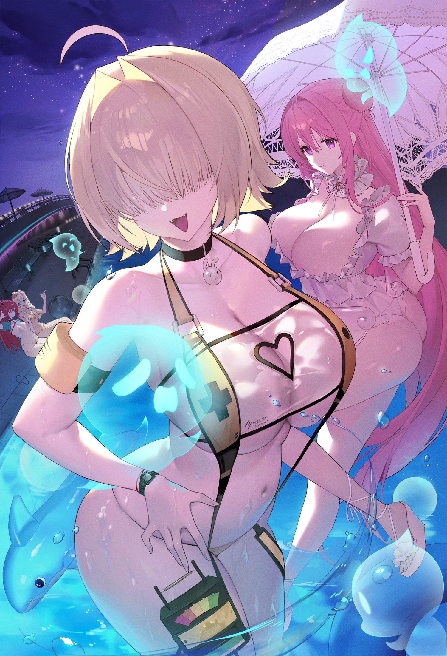 2girls, ahoge, ass, blonde hair, blush, breasts, cleavage screen, closed mouth, dambang, dorothy (nikke), dorothy (serendipity) (nikke), elegg (boom and shock) (nikke), elegg (nikke), female, female only, goddess of victory: nikke, hair intakes, highres, holding, holding umbrella, large breasts, long hair, multiple girls, navel, night, official alternate costume, open mouth, outdoors, purple eyes, rapi (nikke), rapi (red hood) (nikke), rapi (red hood) (red flavor) (nikke), short hair, smile, stomach, umbrella, water, white umbrella