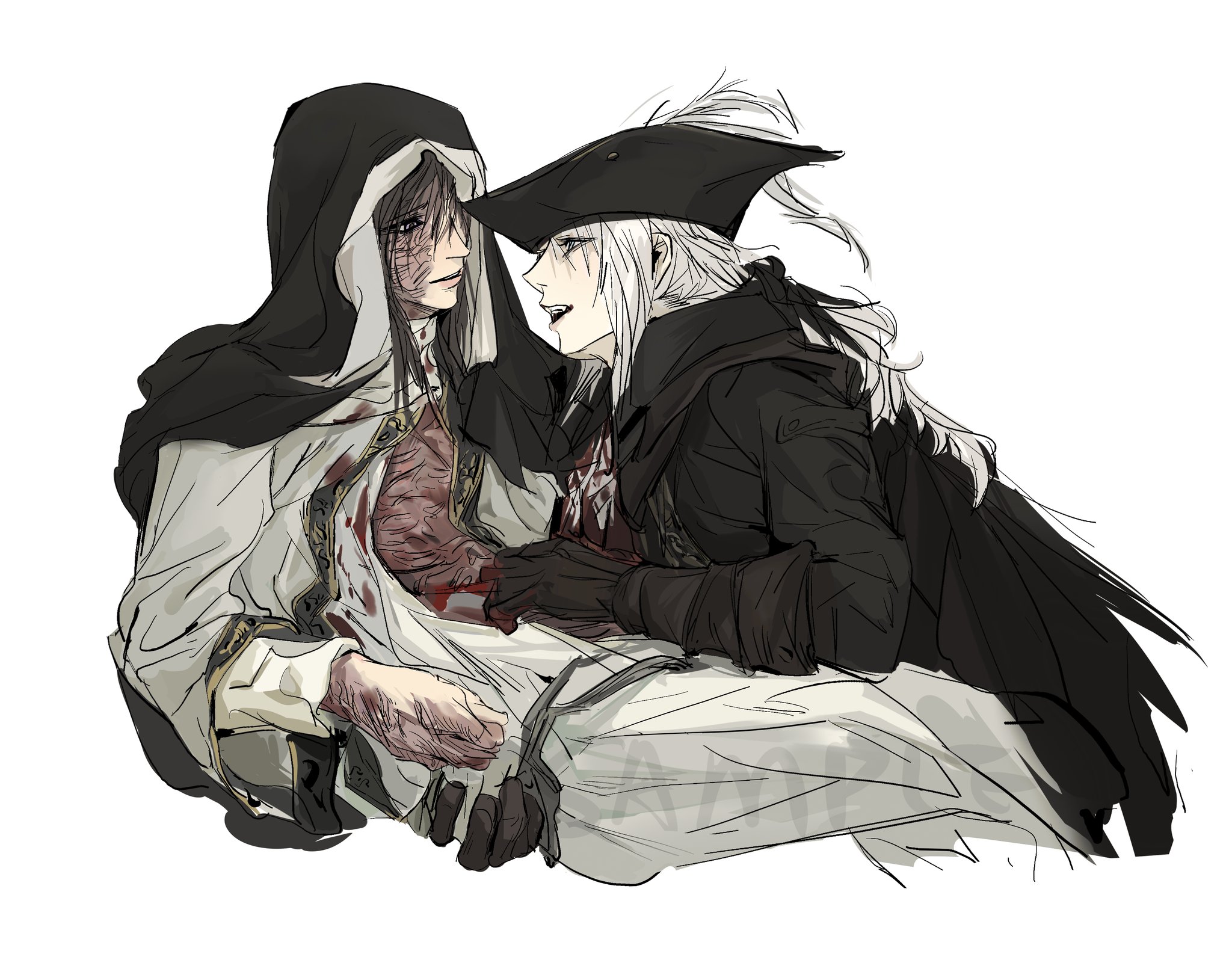 bleeding, blood, bloodborne, boots, brown hair, brunette female, brunette hair, clothed, clothes, clothing, crossover, dark souls, female, female focus, female only, fromsoftware, gloves, hand around waist, hand on waist, hat, kissing, lady maria of the astral clocktower, long hair, noireee96, nun, nun outfit, scar, scars, scars all over, sister friede, suggestive, undressing, white background, white hair, yuri