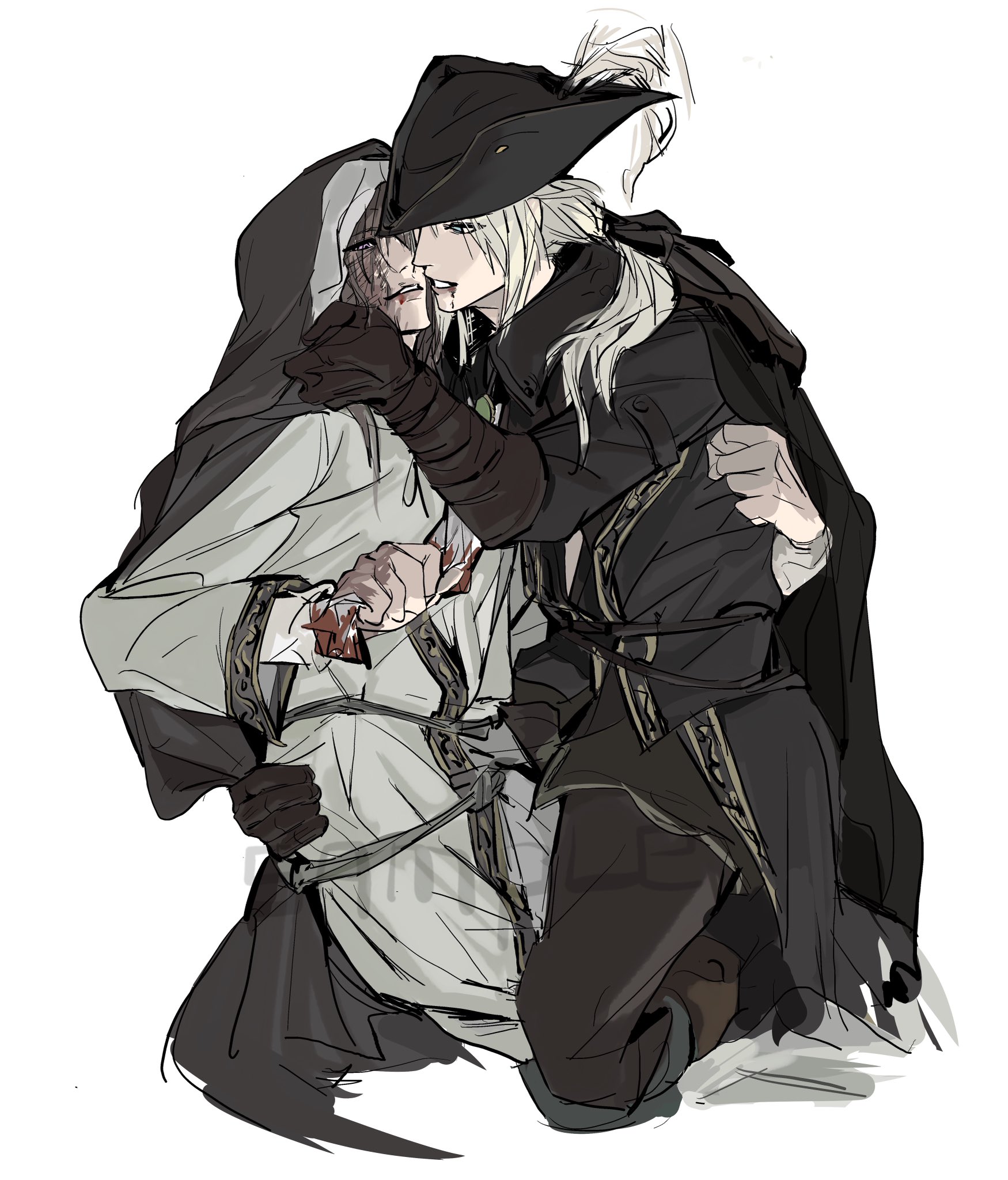 bleeding, blood, bloodborne, boots, brown hair, brunette female, brunette hair, clothed, clothes, clothing, crossover, dark souls, female, female focus, female only, fromsoftware, gloves, hand around waist, hand on waist, hat, kissing, lady maria of the astral clocktower, long hair, noireee96, nun, nun outfit, scar, scars, scars all over, sister friede, sitting, sitting on lap, sitting on person, suggestive, white background, white hair, yuri
