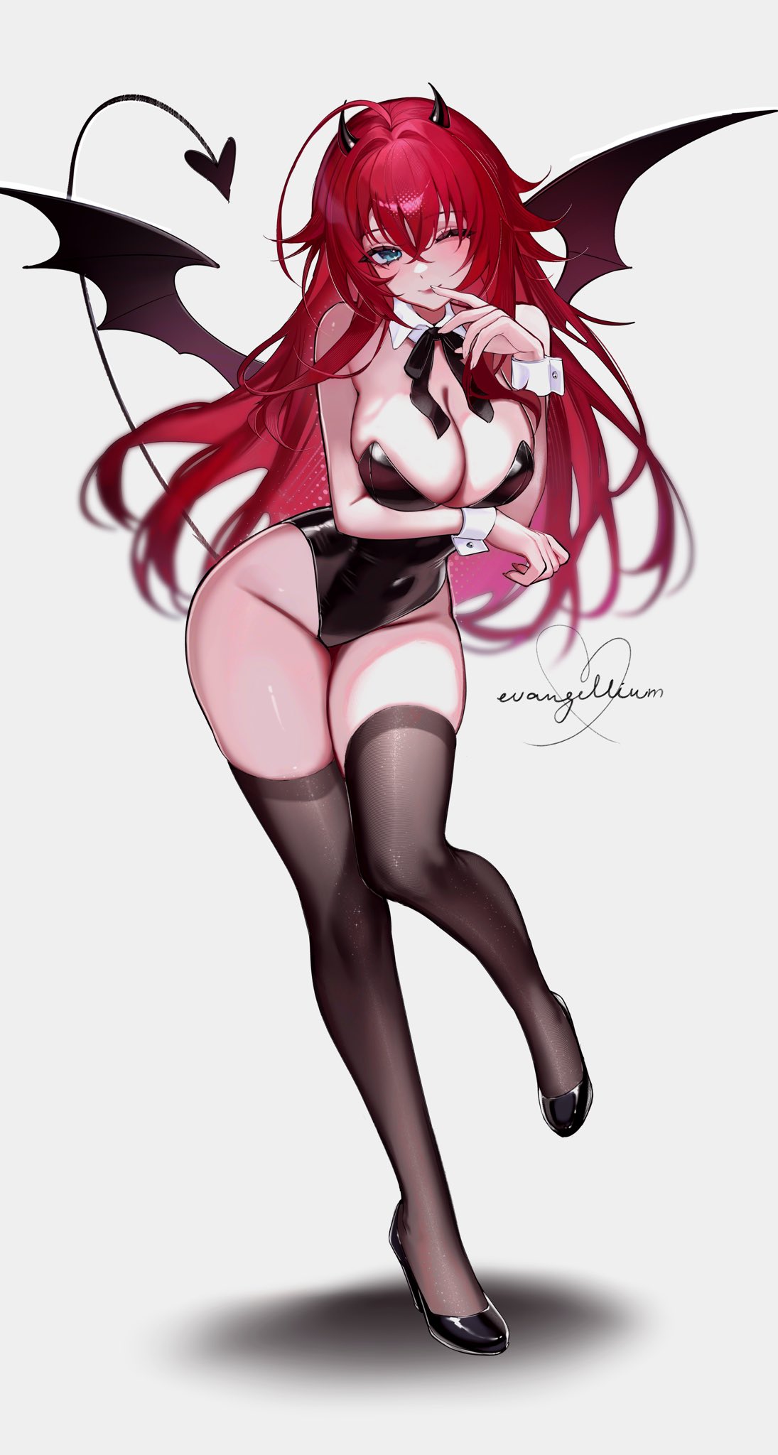 ahoge, artist name, big breasts, black leotard, black shoes, black tail, black thighhighs, breast rest, breasts, cleavage, commission, covered navel, crossed bangs, demon girl, demon horns, demon tail, demon wings, detached collar, evangellium, female, female only, full body, green eyes, groin, hair between eyes, high heels, high school dxd, highleg, highleg leotard, highres, horns, large breasts, leaning forward, leotard, long hair, looking at viewer, one eye closed, red hair, rias gremory, shoes, signature, smile, solo, standing, standing on one leg, tail, thighhighs, white background, wings, wrist cuffs