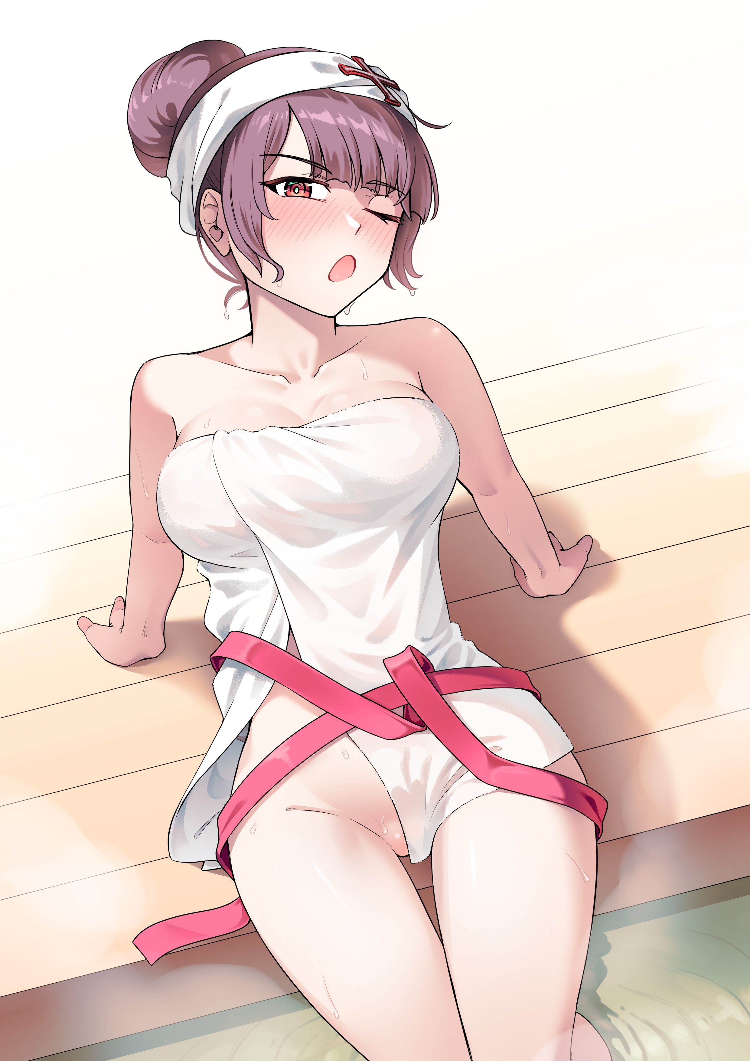 1girls, big breasts, blush, bottomless, breasts, cleavage, feet out of frame, female, female only, girls' frontline, girls' frontline 2: exilium, hair bun, large breasts, long hair, looking at viewer, makiatto (girls' frontline 2), naked towel, one eye closed, open mouth, partially visible vulva, purple hair, red eyes, ribbon, sauna, sauna bench, senpaihawkkun, sitting, sweat, sweatdrop, towel, wa2000 (girls' frontline)