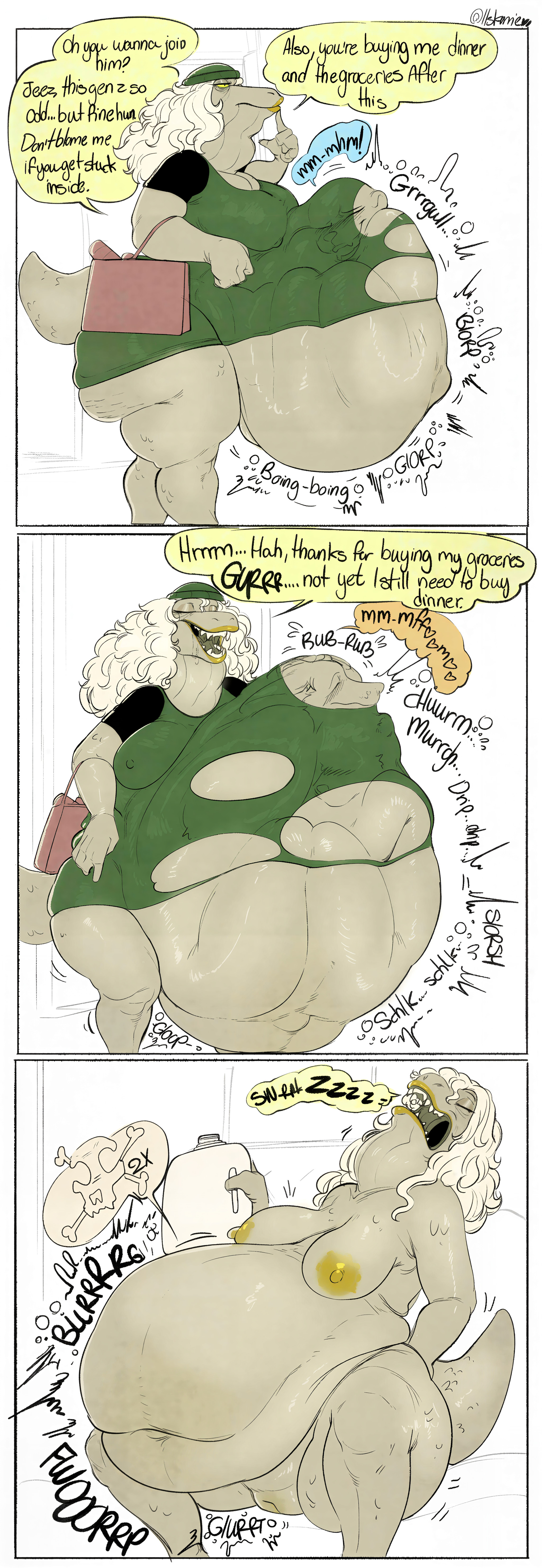 2025, 2d, 2d (artwork), 2d artwork, alison sandra gator, alligator, alligator pred, anthro, big breasts, body outline, bulging belly, digestion, digital media (artwork), dress, fatal, fatal digestion, fatal vore, female, female pred, gilf, happy prey, homeless female, homeless pred, hyper, hyper belly, itskorrie, milk jug, naked female, nude female, oral, partially clothed, post-vore, sleeping, the amazing world of gumball, torn clothing, torn dress, vagina, vore, vore belly, white hair, willing, willing prey, willing vore