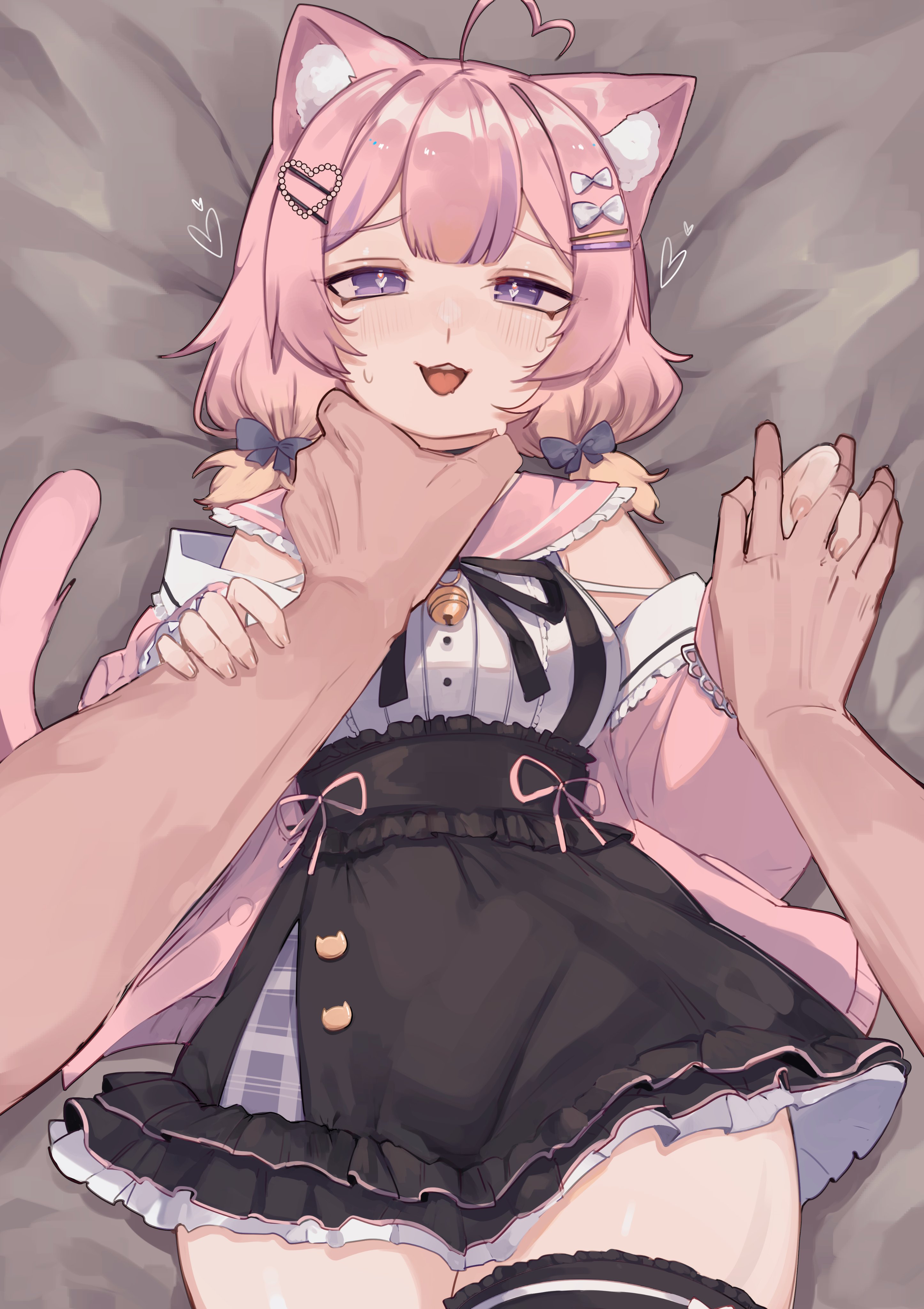 1boy, 1girls, aisu koffie, animal ears, bed sheet, blush, breasts, cat ears, cat tail, catgirl, choking, clothed female nude male, clothing, dress, eye contact, femsub, grey bed sheet, hair ornament, heart-shaped pupils, holding hand, indie virtual youtuber, light skin, light-skinned female, light-skinned male, looking at viewer, maledom, medium breasts, nose blush, on bed, pink hair, pov, pov eye contact, purple eyes, rayrie, symbol-shaped pupils, tail, virtual youtuber