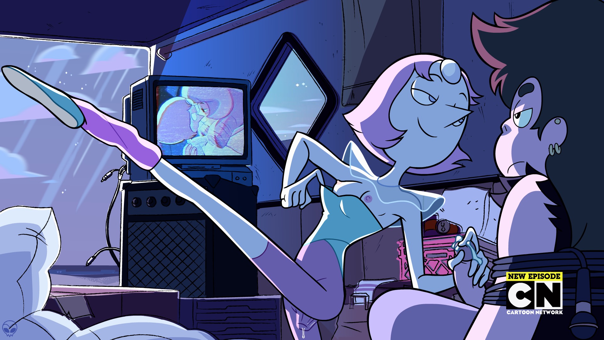 1boy, 1girls, accurate art style, breasts, breasts out, cartoon network, color, female, gem (species), greg universe, greg universe (young), male, partially clothed, pearl (steven universe), showing breasts, small breasts, steven universe, tagme, tied up, zone