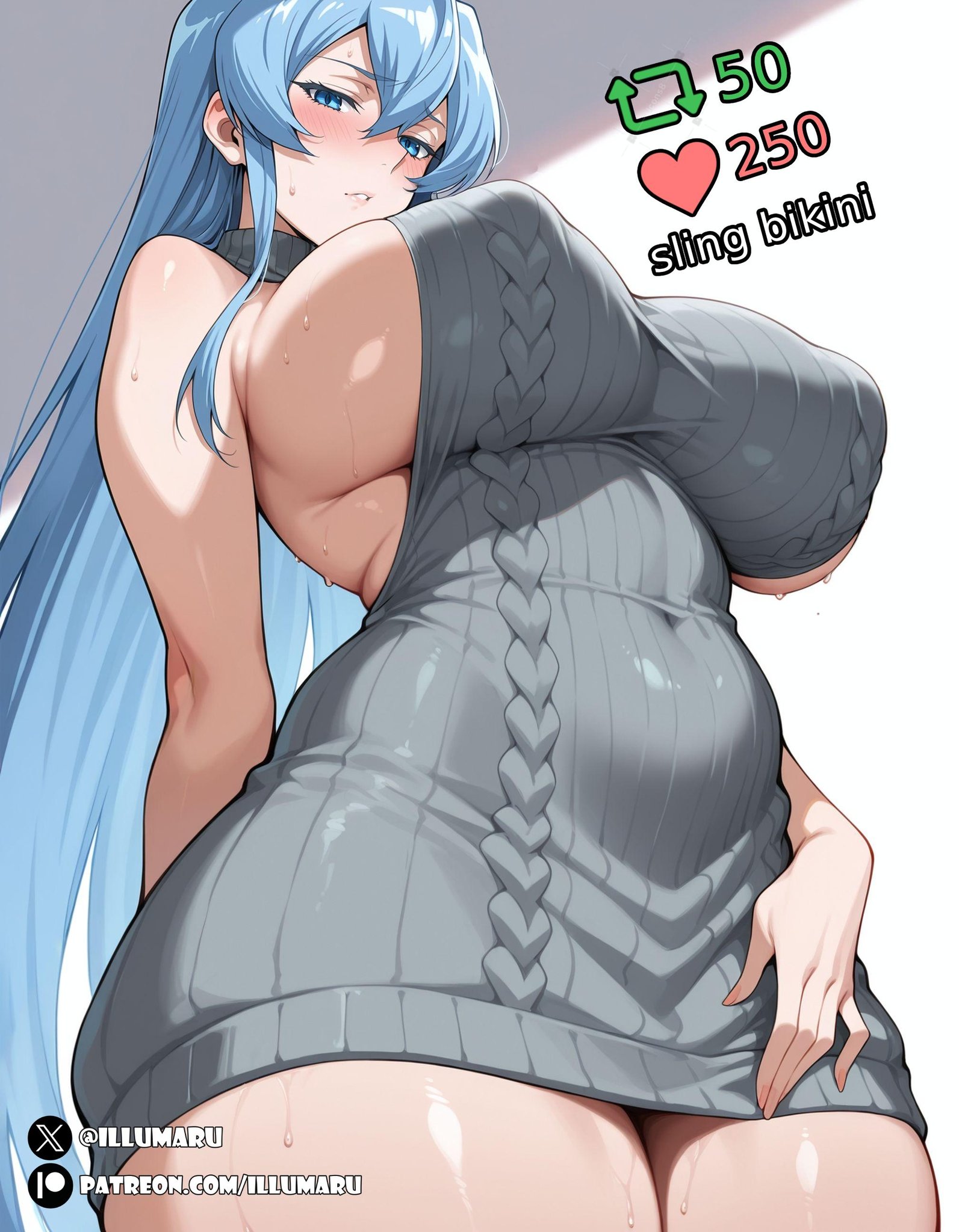 1girls, 2025, adult, adult female, ai generated, akame ga kill!, alternate costume, artist name, big breasts, blue eyes, blue hair, breasts, closed mouth, curvaceous, curves, detailed, esdeath (akame ga kill!), fair skin, fair-skinned female, female, female only, from below, hi res, huge breasts, human, human female, illumaru, large breasts, light skin, light-skinned female, long hair, looking at viewer, patreon username, purple eyes, simple background, sleeveless, solo, solo female, stable diffusion, standing, straight hair, thick thighs, thighs, villain, villainess, virgin killer sweater, white background