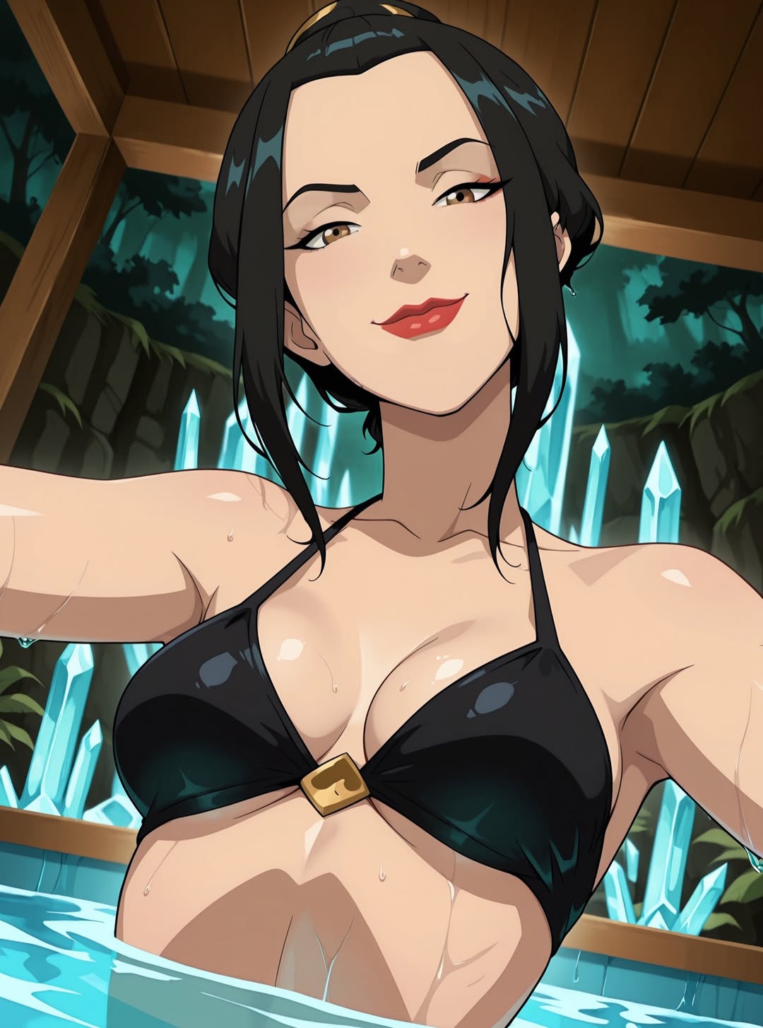 2025, ai generated, avatar the last airbender, azula, bikini top, black bikini, black bikini top, black eyebrows, black hair, breasts, brown eyes, bubbleteexl, female, female only, glaring at viewer, holding viewer, instagram, inviting viewer, looking at viewer, nickelodeon, orange eyes female, paramount animation, pool background, red lips, smile at viewer, smiling at viewer, viacom, wet body