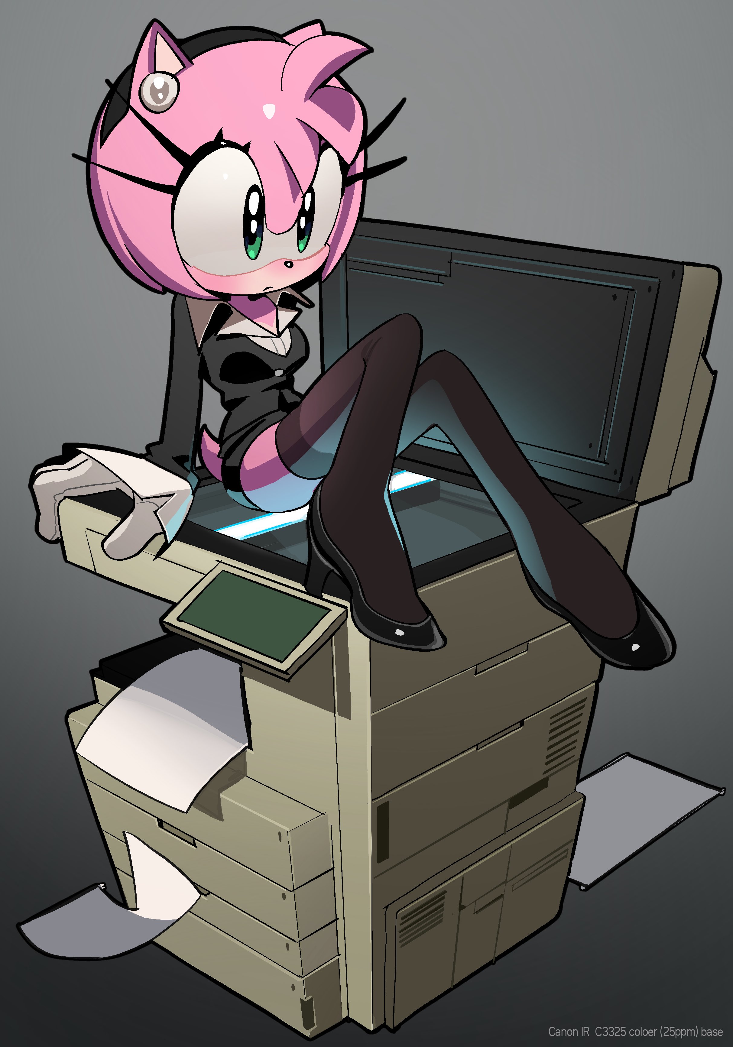 1girls, absurd res, amy rose, anthro, anthro only, black clothing, blouse, collared blouse, collared shirt, eulipotyphlan, eyelashes, eyeliner, furry, furry only, gloves, gradient background, green eyes, heels, hi res, high heels, humor, kosherea, lingerie, makeup, mascara, medium breasts, medium hair, miniskirt, office lady, paper, photocopier, photocopying butt, pink fur, portrait, printer, sega, shirt, sitting, skirt, solo, sonic (series), sonic the hedgehog (series), stockings, suit, tail