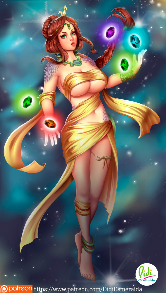 1girls, 5 fingers, 5 toes, barefoot, bracelet, breasts, crystal, didi esmeralda, female, female only, green eyes, necklace, nu wa (smite), red hair, scales, smite, solo, underboob