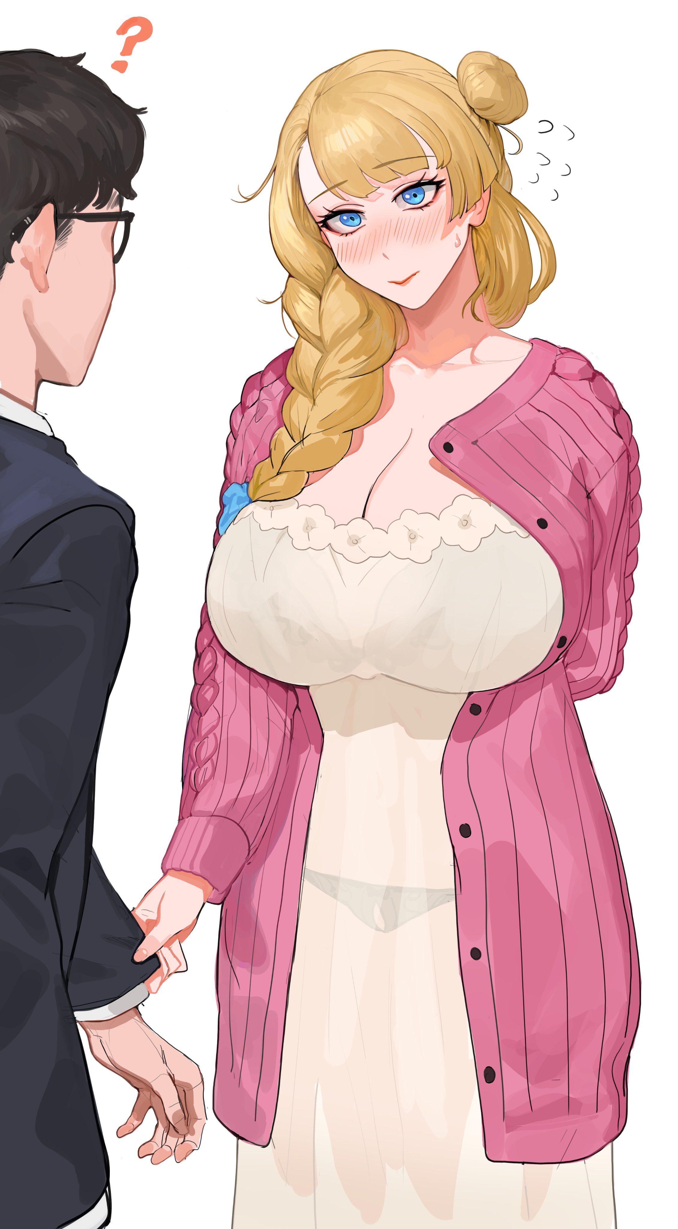 ?, 1boy, absurdres, arm behind back, black hair, black panties, blazer, blonde hair, blue eyes, blush, braid, breasts, cardigan, cleavage, closed mouth, collared shirt, commentary, dress, female, formal clothes, galko, glasses, hair bun, hair over shoulder, highres, jacket, large breasts, long hair, looking at another, mature female, nervous, nervous sweat, open cardigan, open clothes, oshiete! galko-chan, panties, pink sweater, see-through clothes, shirt, shirt tug, short hair, single braid, single hair bun, smile, sohn woohyoung, suit, sweatdrop, sweater, symbol-only commentary, underwear, white dress, white shirt