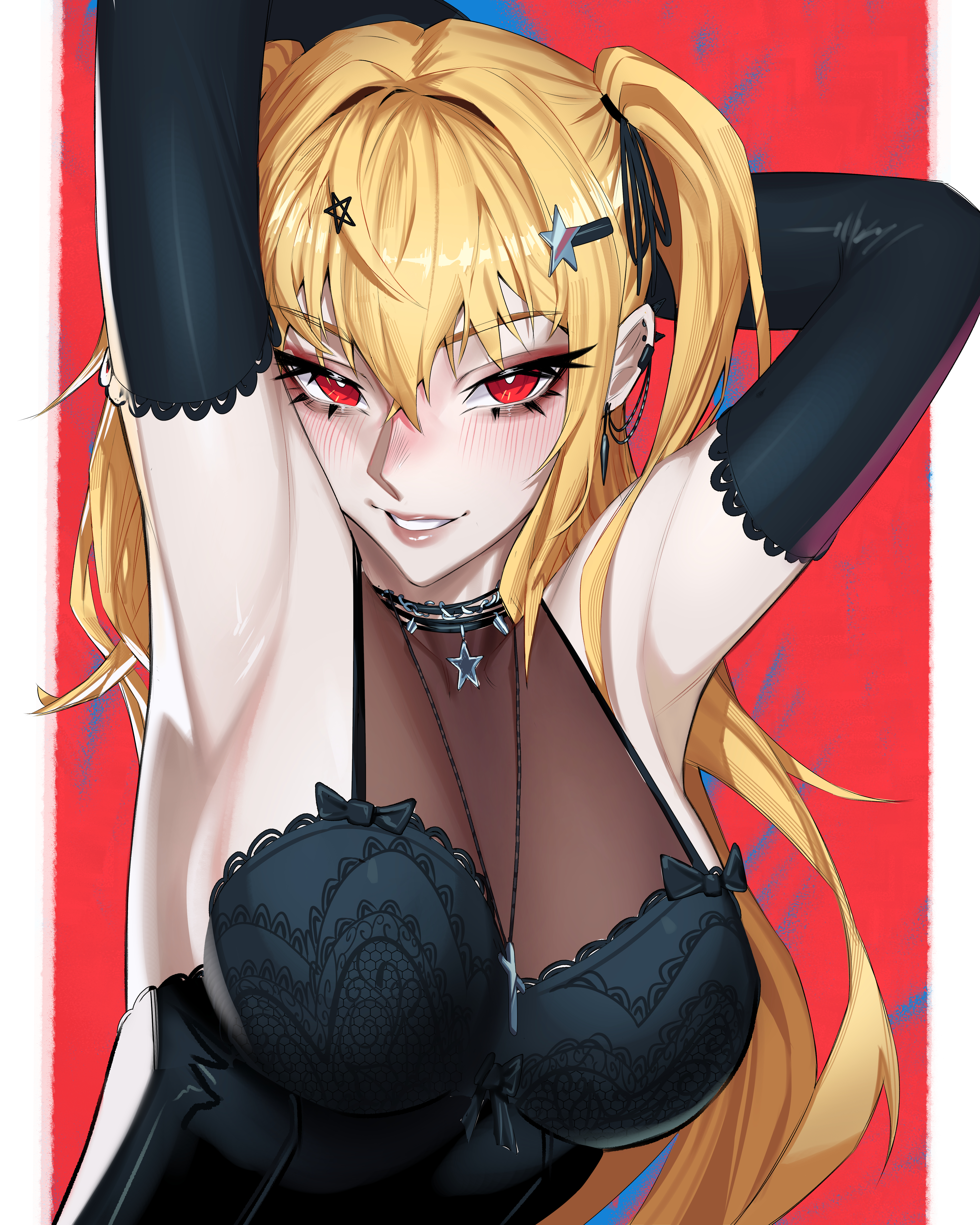 1girls, big breasts, blush, blushing at viewer, breasts, death note, female, female focus, female only, light skin, light-skinned female, looking at viewer, misa amane, orouu, parted lips, smile, smiling, smiling at viewer, solo, solo female, solo focus