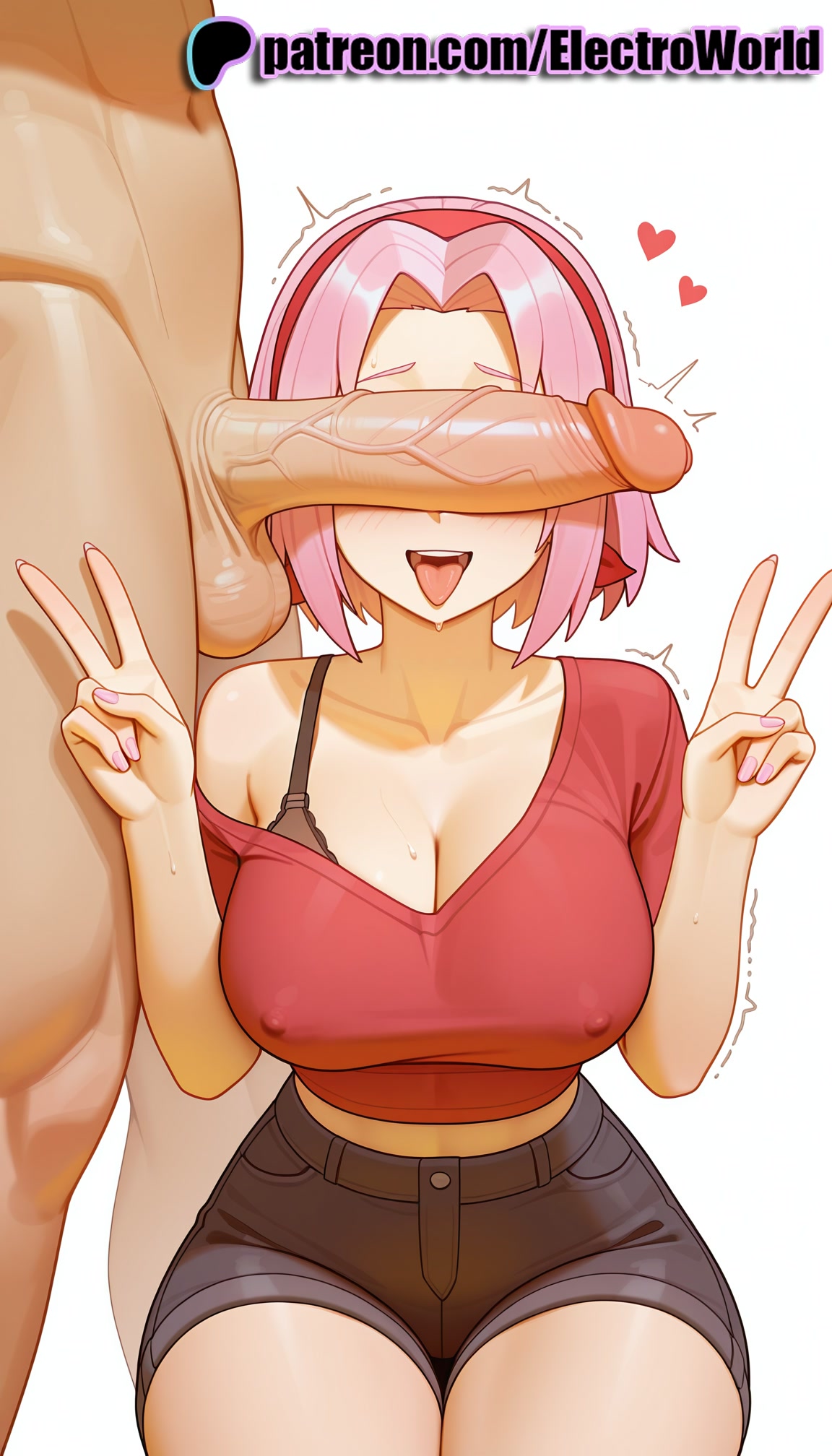 1boy, 1girls, 2025, ai generated, artist name, big breasts, big chest, black nails, blue nails, breasts, bust, busty, chest, cleavage, clothed female nude male, cock, covered nipples, dick, double v, double w, electroworld, erection, female, hi res, high quality, high resolution, highres, large breasts, large penis, motion lines, nail polish, naruto, naruto (series), nude, patreon, patreon username, penis, penis awe, penis on face, pink hair, pink nails, precum, purple nails, red nails, sakura haruno, shorts, solo focus, stable diffusion, straight, testicles, tongue, tongue out, trembling, twitching penis, v, veins, veiny penis, w, watermark
