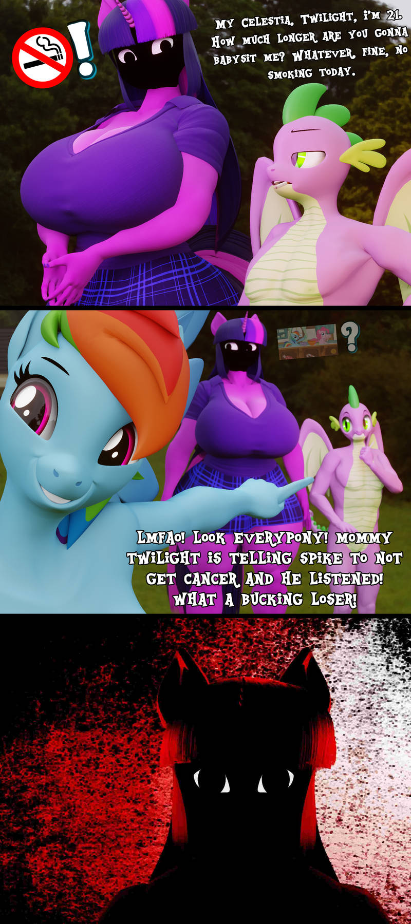 alternate twilight sparkle, anthro, clothed, creepy, creepypasta, dragon, english text, fully naked, fully nude, gore, huge ass, huge breasts, larger female, mandela catalogue (reference), masteryorg0, my little pony, pegasus, pink eyes, pony, rainbow dash (mlp), scrag boy (model), scrag twilight sparkle, shaded face, skirt, socks, spike, spike (mlp), text, twilight sparkle (mlp)
