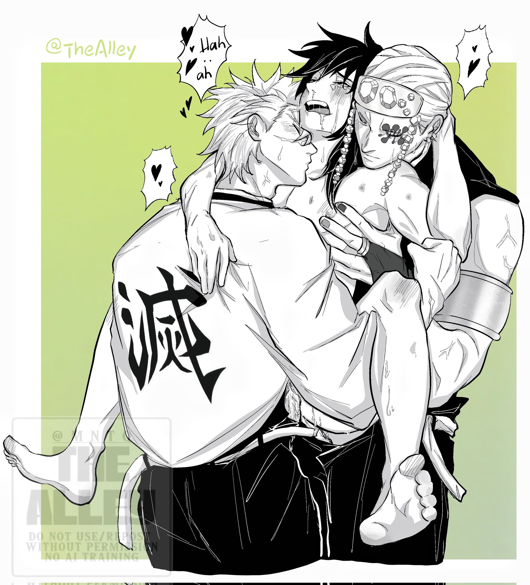 crying, gay sex, gay threesome, kimetsu no yaiba, kissing neck, legs spread, male/male/male, sanegiyuu, sanemi shinazugawa, saneuzugiyuu, threesome, tomioka giyuu, uzugiyuu, uzui tengen, yaoi