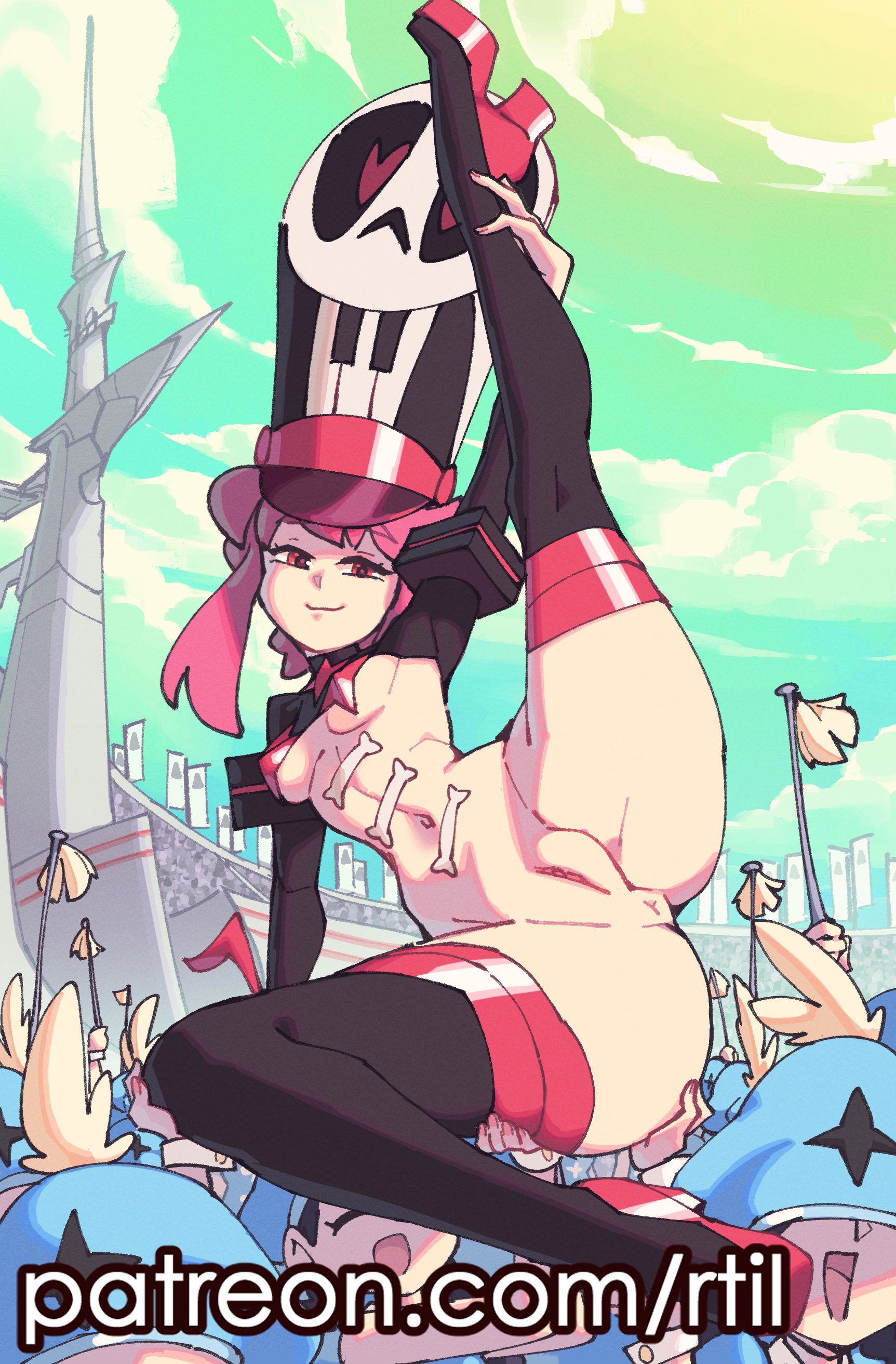1girls, anal, anal invitation, anal suggest, anus, big thighs, black boots, black hat, blue hat, boots, bottom heavy, bottomless, breasts, carrying, carrying person, closed mouth, day, female, flexible, green sky, hat, heels, high heels, hourglass figure, jakuzure nonon, jakuzure nonon (symphony regalia), kill la kill, long sleeves, looking at viewer, medium breasts, multiple boys, naked footwear, navel, no panties, outdoors, pasties, patreon username, pink eyes, pink hair, pink-haired female, pussy, red eyes, revealing clothes, rtil, short hair with long locks, sitting, sky, slim waist, small breasts, smile, smug, splits, spread legs, stadium, stretching, thick, thick thighs, thigh boots, thighhighs, thighs, uncensored, underboob, wide hips