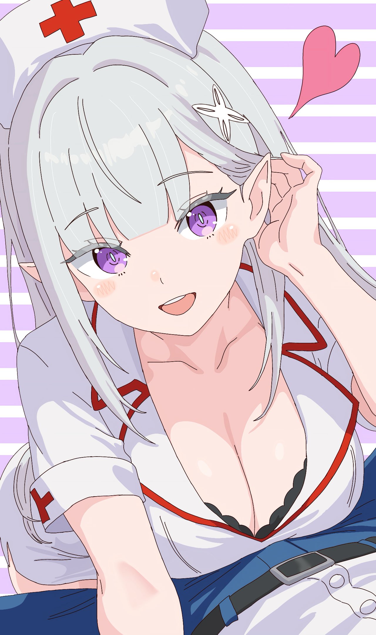 1boy, 1girls, bra peek, breasts, breasts focus, cleavage, elf, elf ears, elf female, emilia (re:zero), looking at viewer, nurse, nurse cap, nurse uniform, pov, purple eyes, re:zero kara hajimeru isekai seikatsu, silver hair