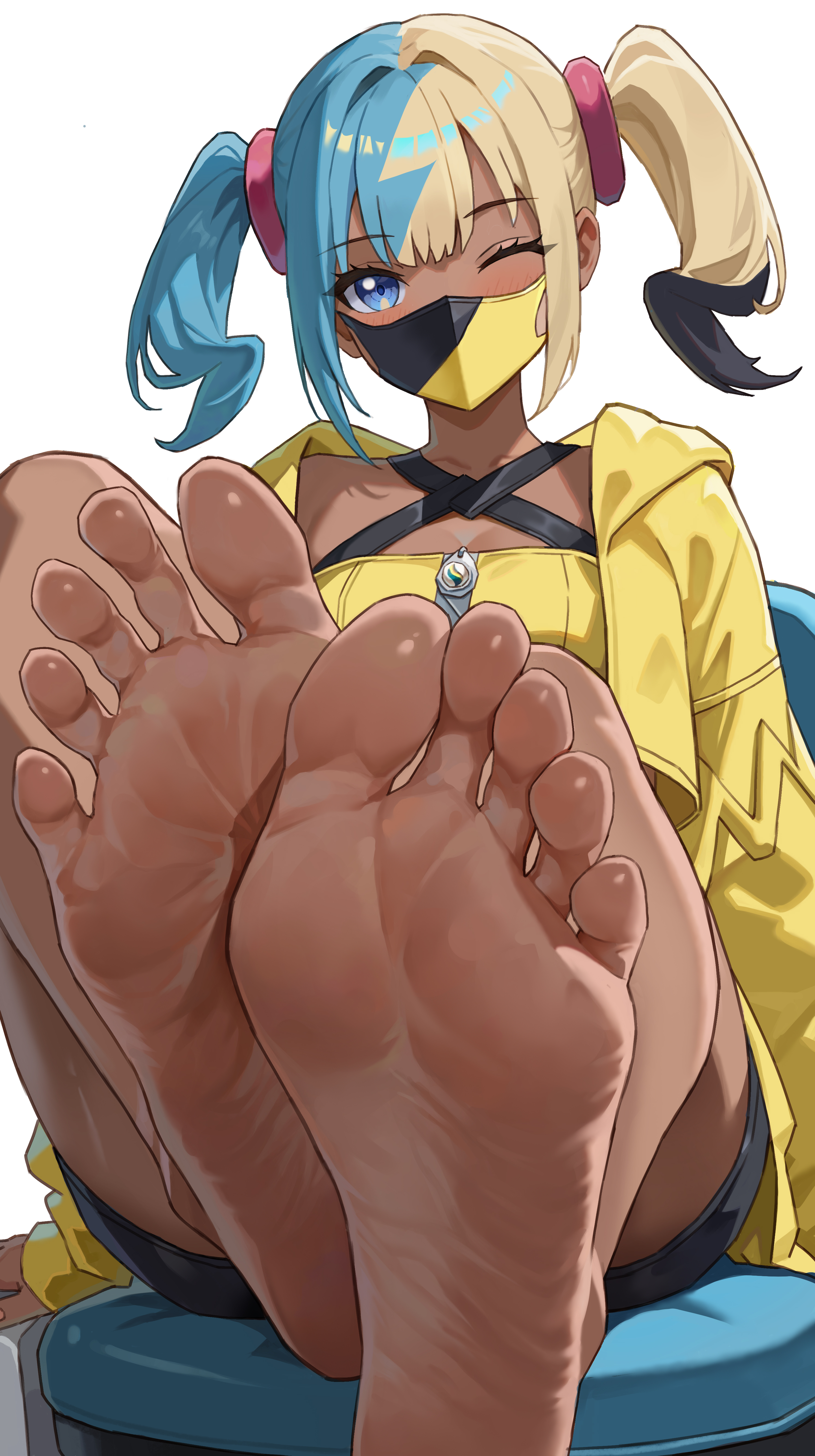 absurdres, ai generated, barefoot, blonde hair, blue eyes, blue hair, canari (pokemon), canary (pokemon), commentary request, dark skin, dark-skinned female, feet, female, foot fetish, foot focus, foreshortening, he c92, highres, jacket, mask, mouth mask, multicolored hair, nintendo, one eye closed, pokemon, pokemon legends: z-a, presenting foot, shorts, simple background, sitting, soles, solo, toes, twintails, yellow jacket