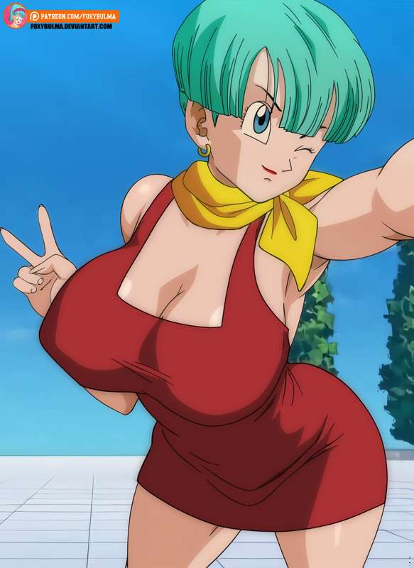 big breasts, blue eyes, blue hair, breasts, bulma, bulma briefs, bulma briefs (majin buu saga), cleavage, dragon ball, dragon ball z, dressed, foxybulma, looking at viewer, milf, one eye closed, red dress, selfie, short hair, v, wink, yellow scarf