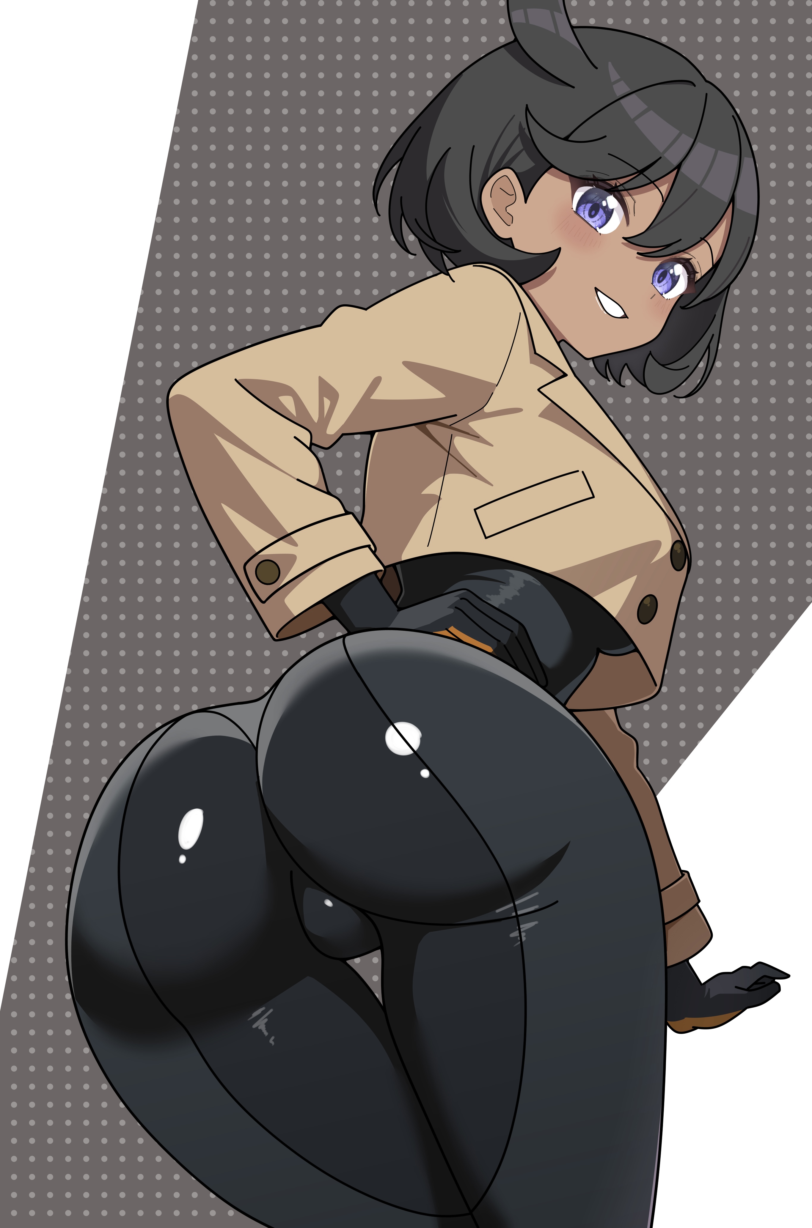 1girls, absurdres, alternate ass size, alternate body type, alternate breast size, areola, ass, ass bigger than head, ass focus, back view, big areola, big ass, big thighs, black bodysuit, black gloves, black hair, bodysuit, breasts, brown coat, coat, commentary request, commission, dark skin, dark-skinned female, dummy thicc, emma (pokemon legends: z-a), emma (pokemon), female, female focus, female only, from behind, game freak, gigantic ass, gigantic thighs, gloves, hand on own hip, highres, huge areola, huge ass, huge breasts, huge nipples, huge thighs, human, jpeg, large ass, large breast, large breasts, long sleeves, looking at viewer, looking back, matiere (pokemon legends: z-a), matiere (pokemon), nintendo, nipples, odorukaminoke, pixiv commission, pokemon, pokemon legends: z-a, purple eyes, short hair, smile, solo, solo female, solo focus, tagme, thick thighs, thighs, tomboyish