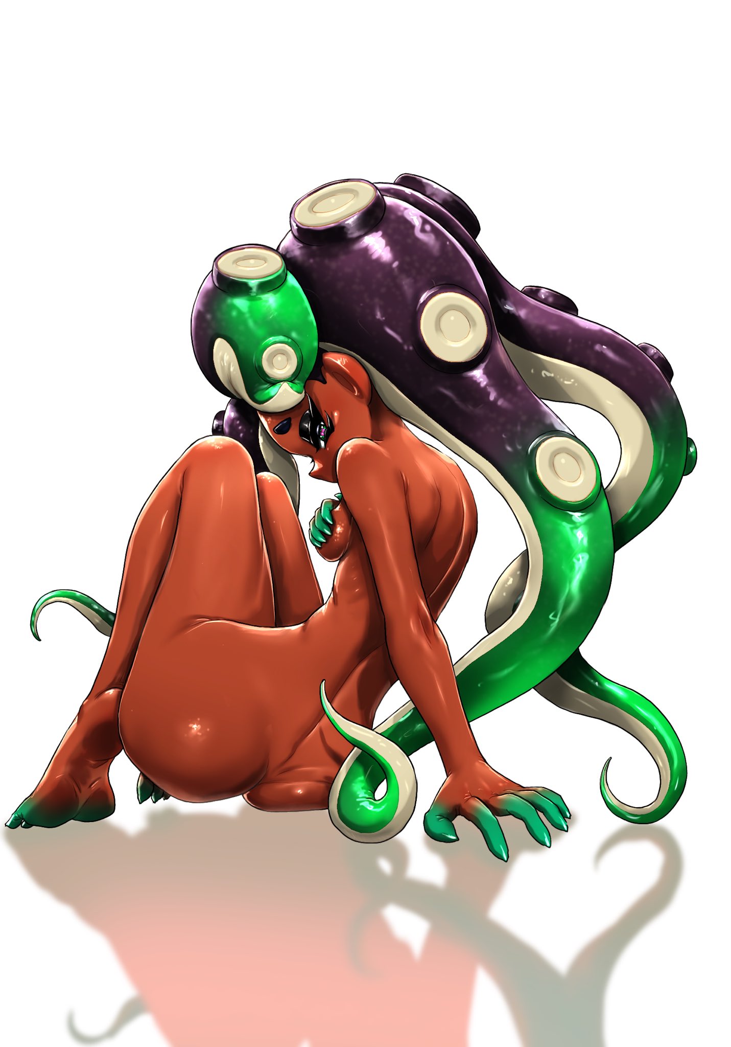 1girls, ass, completely nude, completely nude female, covering breasts, dark skin, dark-skinned female, female, female only, koharuno2, looking at viewer, looking back, marina (splatoon), marina ida, solo, solo female, splatoon, splatoon (series), splatoon 2, splatoon 2: octo expansion, splatoon 3, splatoon 3: side order, tentacle, tentacle hair, white background