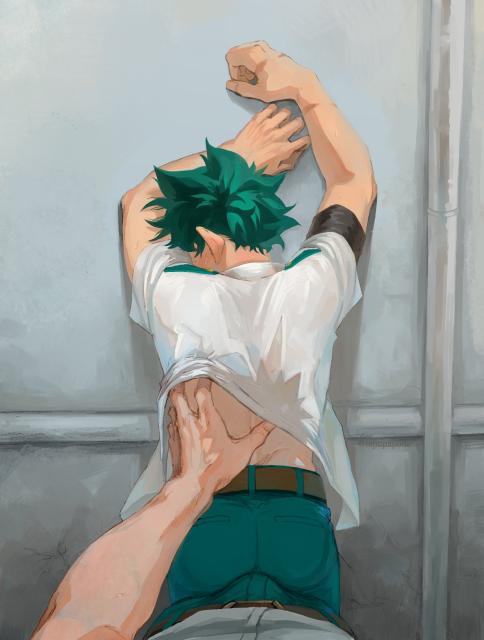 2boys, artist request, colored, fully clothed, gay, izuku midoriya, male only, masculine, midoriya izuku, my hero academia, no visible genitalia, yaoi