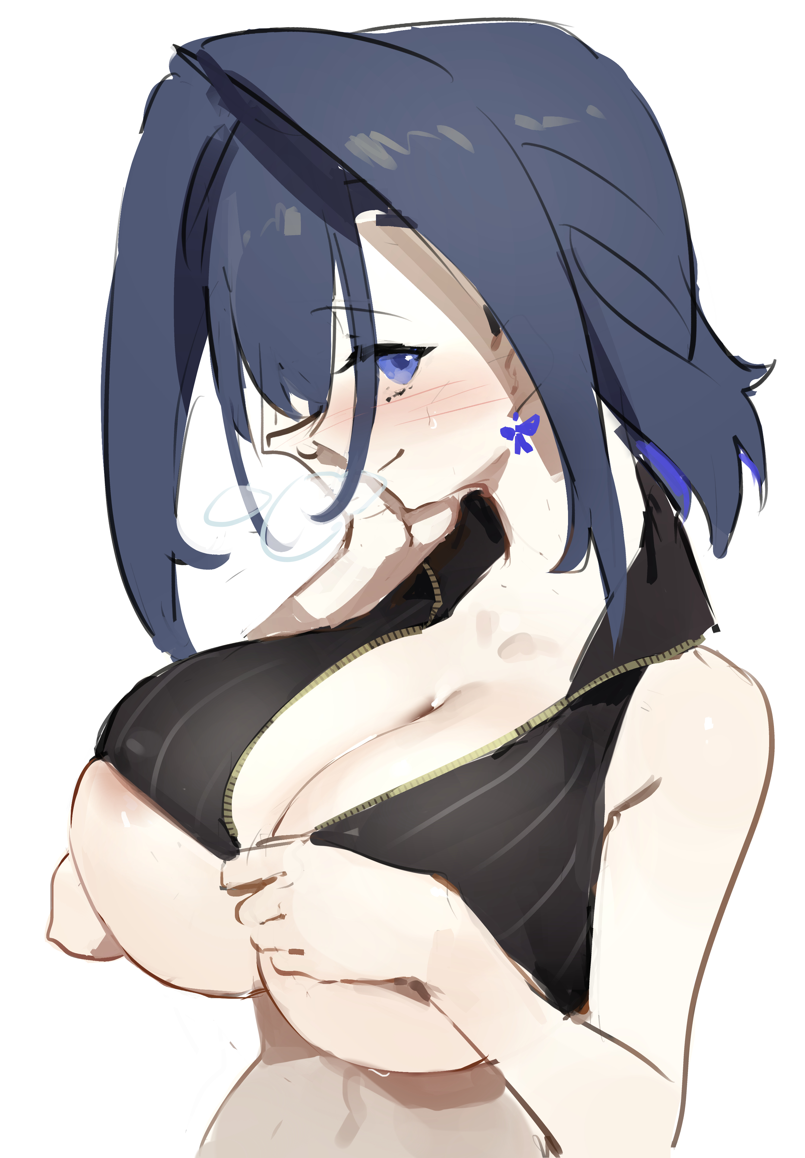 areola slip, blue hair, breasts, cleavage, crop top, hair intakes, hololive, hololive english, large breasts, medium hair, midriff, ouro kronii, tostantan, underboob, virtual youtuber, zipper