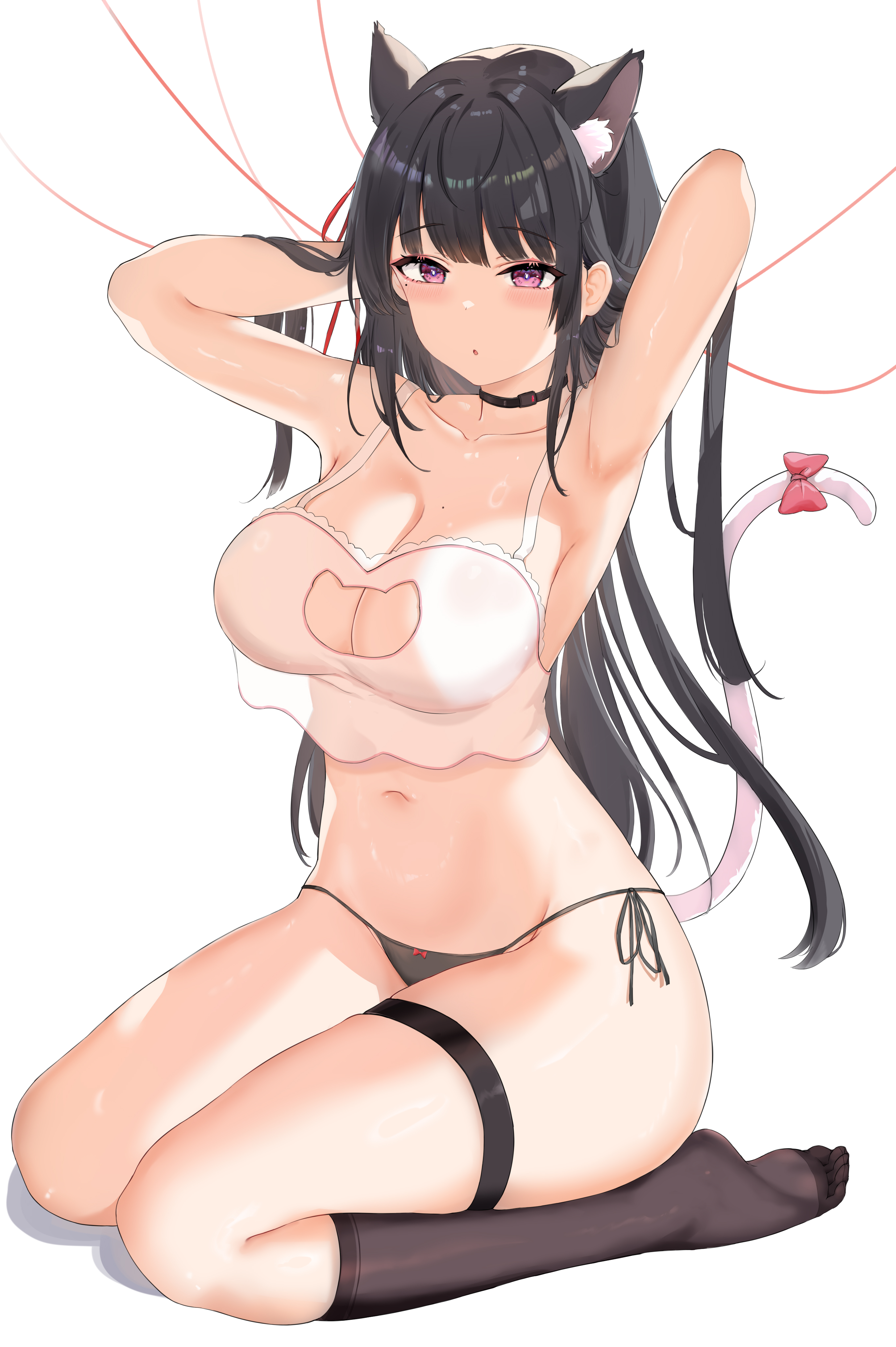 1girls, absurdres, alternate costume, animal ear fluff, animal ears, armpits, arms up, bare shoulders, black choker, black hair, black panties, black socks, blush, bow, breasts, cat cutout, cat ears, cat girl, cat lingerie, cat tail, chisa (wuthering waves), choker, cleavage, collarbone, female, female only, highres, kemonomimi mode, large breasts, long hair, looking at viewer, mole, mole under eye, navel, no shoes, paid reward available, panties, parted lips, pink bow, pink eyes, seiza, side-tie panties, simple background, sitting, socks, solo, solo female, stomach, tagme, tail, tail bow, tail ornament, thigh strap, thighs, underwear, usagi poi, white background, wuthering waves