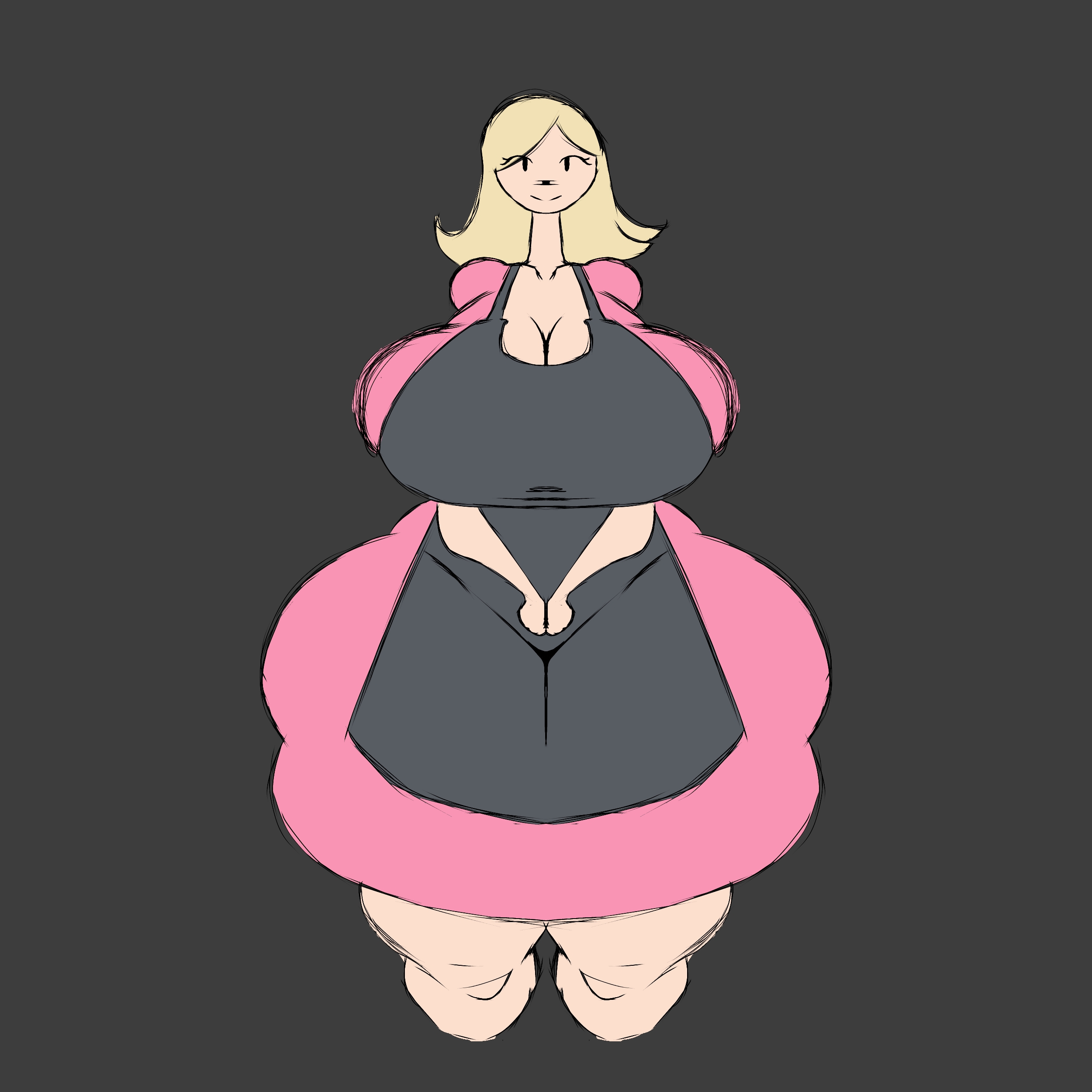 apron, blonde female, blonde hair, breasts, breasts bigger than head, cleavage, clothed, curseofgood, dress, flat colors, gray background, hairdresser (pillar chase 2), hips wider than shoulders, pillar chase 2, pink dress, solo, solo female, solo focus, tagme, thick thighs, voluptuous