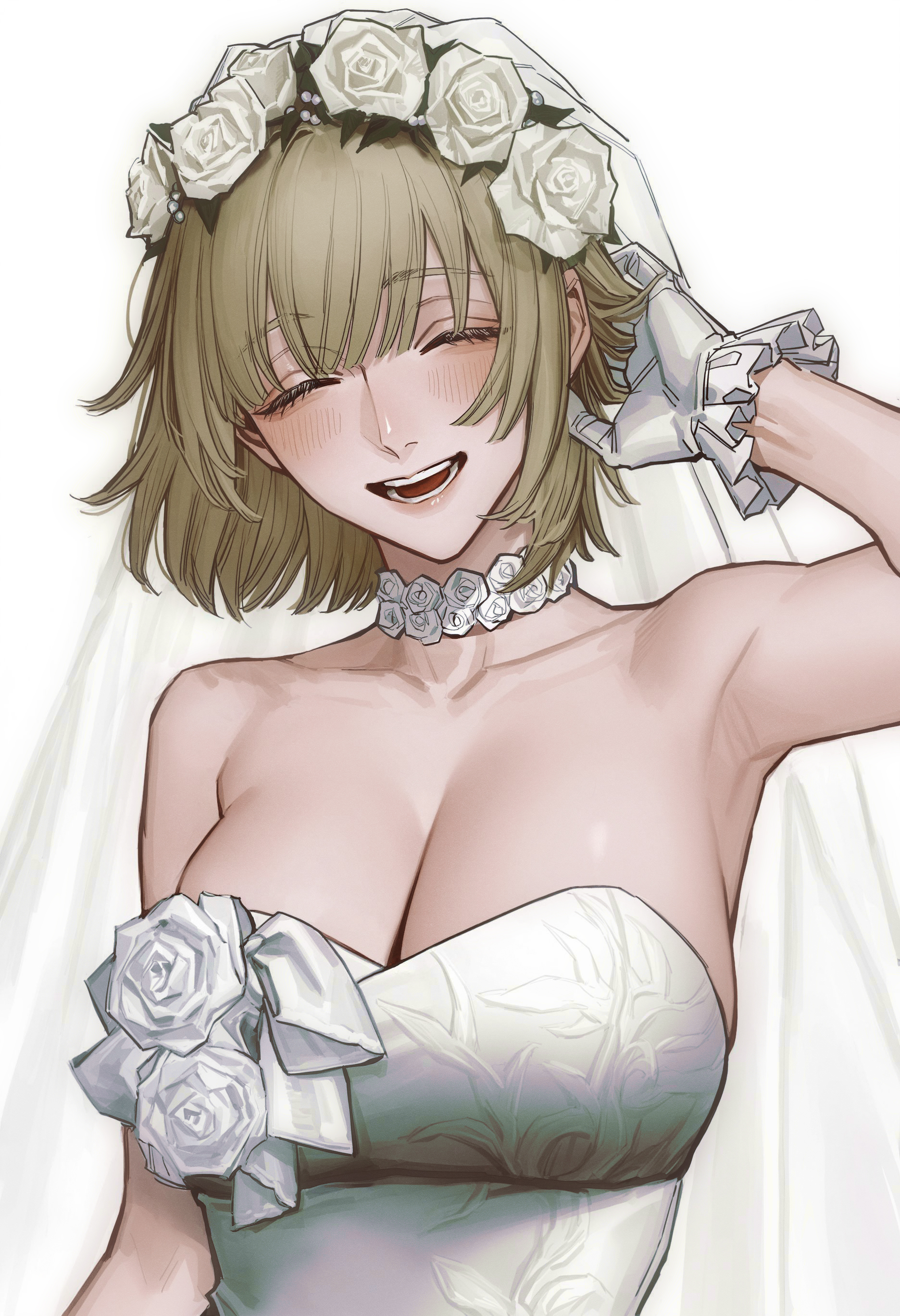 1girls, absurdres, arm up, armpits, bare shoulders, big breasts, blonde hair, blush, breasts, bridal veil, bride, choker, cleavage, closed eyes, dress, dungeon meshi, falin touden, falin touden (tallman), female, female only, flower, gloves, hair flower, hair ornament, highres, large breasts, looking at viewer, open mouth, rose, short hair, simple background, smile, solo, strapless, strapless dress, veil, wedding dress, white background, white dress, white flower, white gloves, white rose, yorelle, yorelle ml